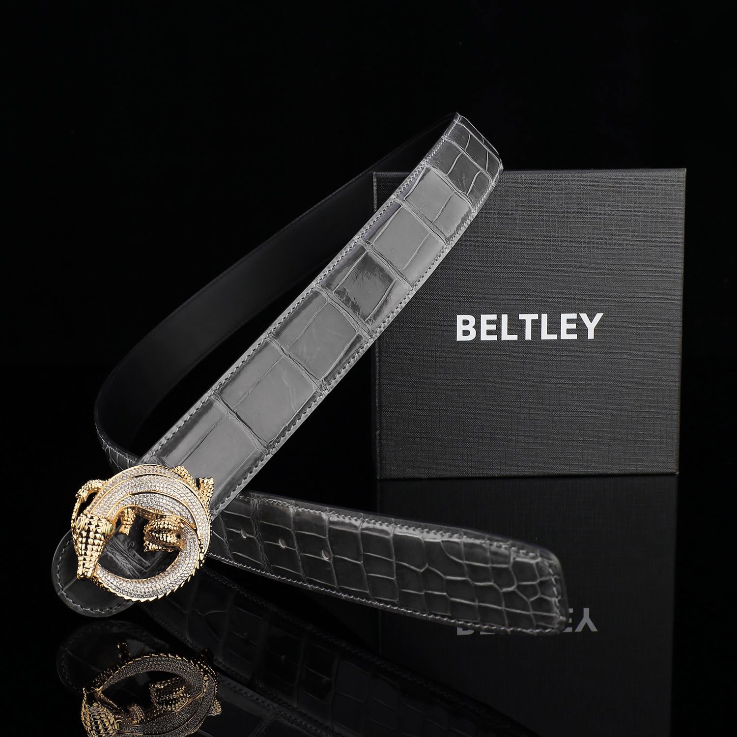 BELTLEY Graphite Gray Glossy Crocodile Leather Belt