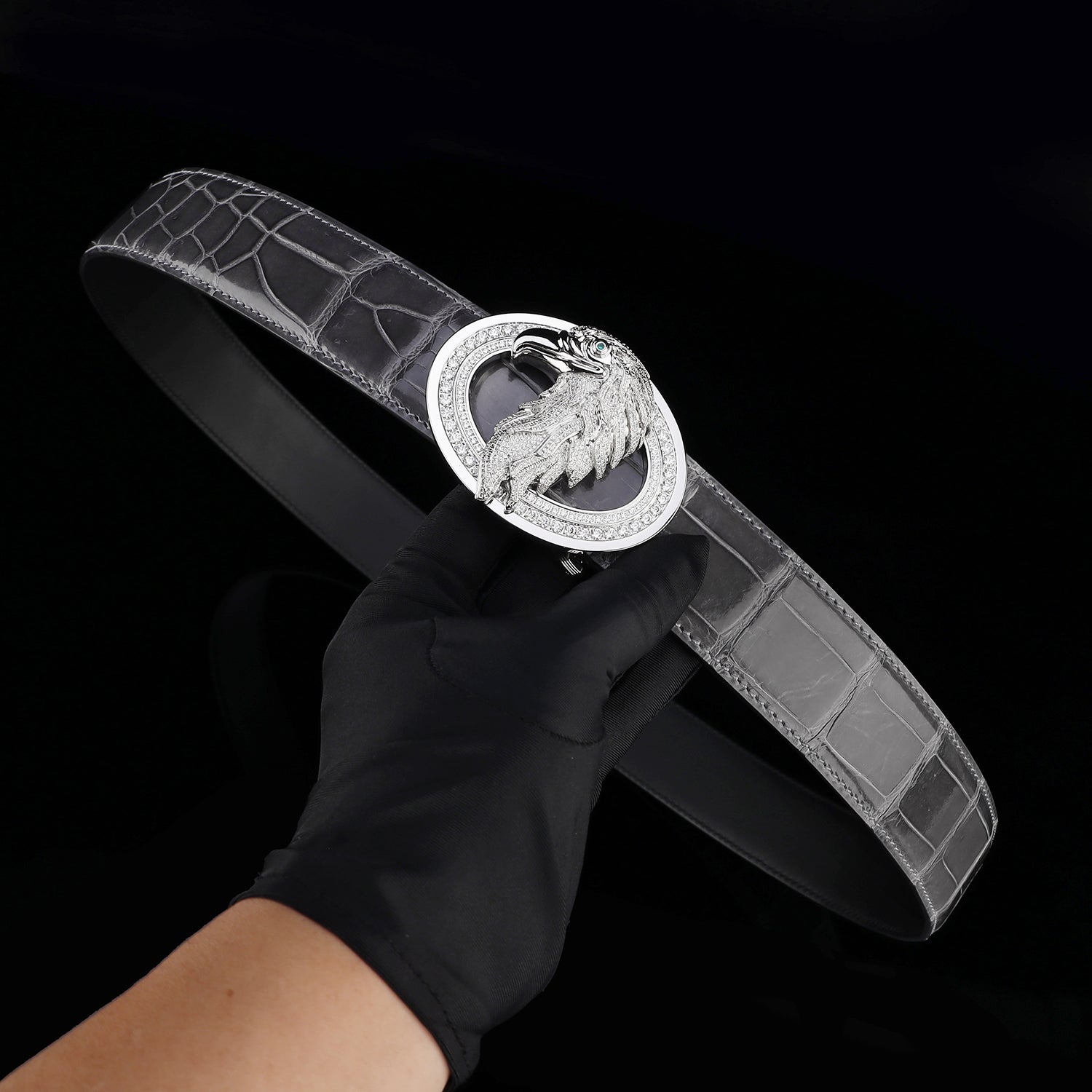 BELTLEY Graphite Gray Mirror Finish Crocodile Leather Belt