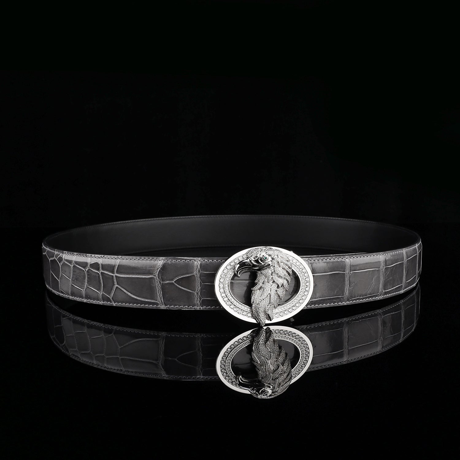 BELTLEY Graphite Gray Mirror Finish Crocodile Leather Belt