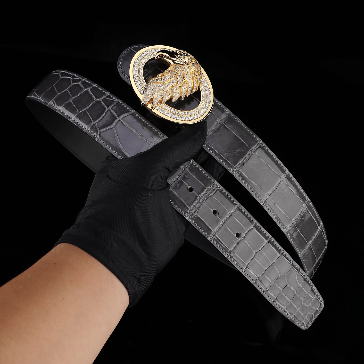BELTLEY Graphite Gray Mirror Finish Crocodile Leather Belt