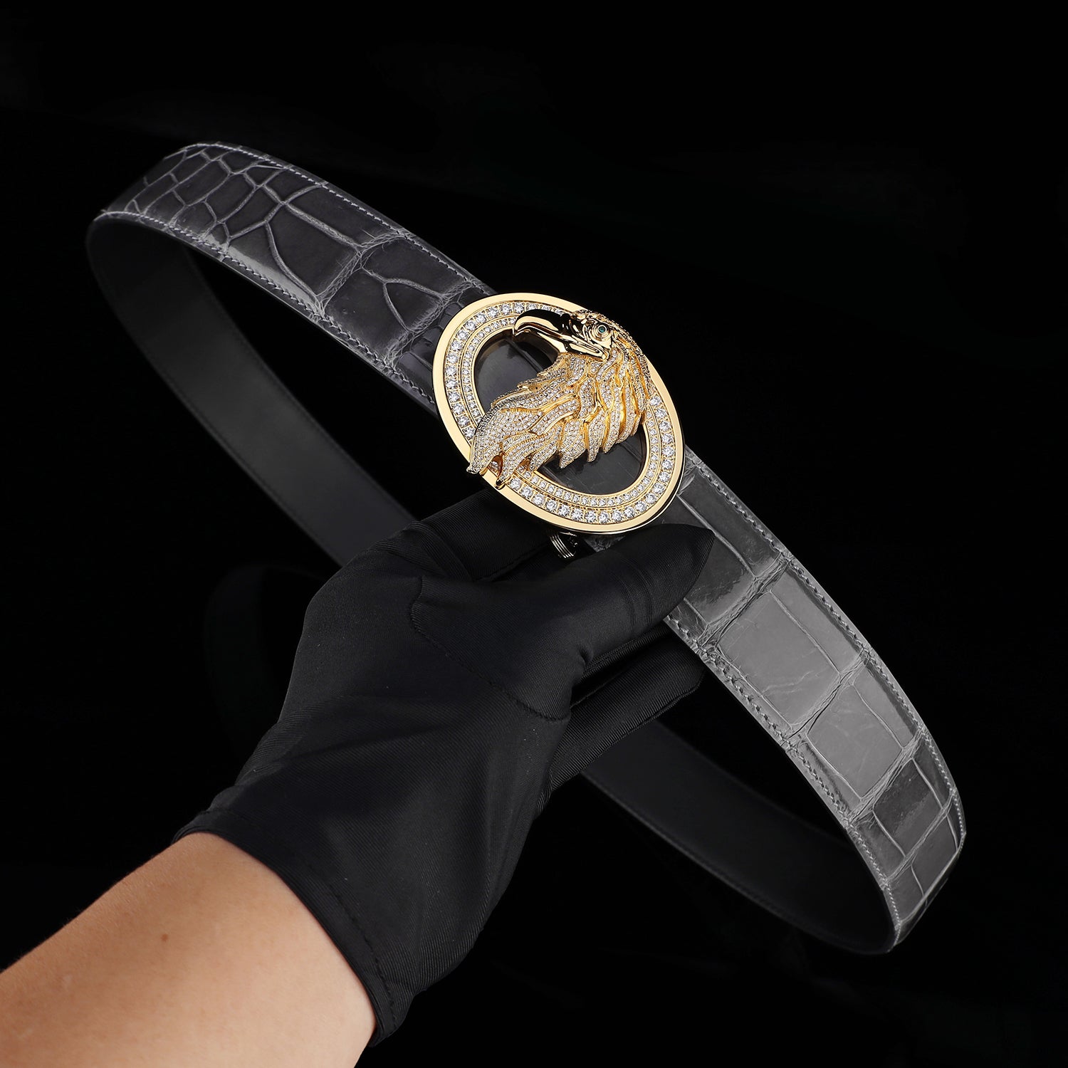 BELTLEY Graphite Gray Mirror Finish Crocodile Leather Belt