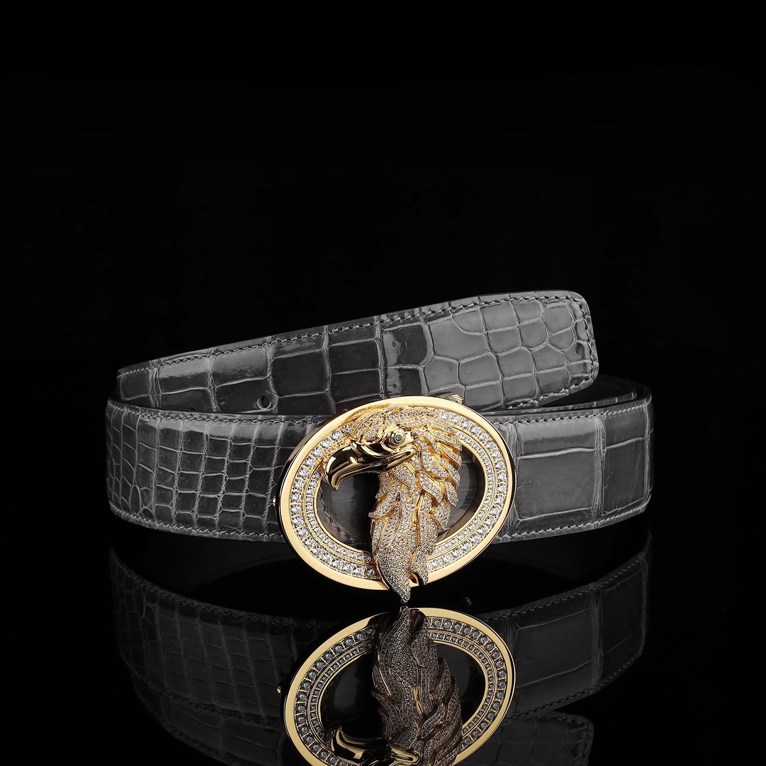 BELTLEY Graphite Gray Mirror Finish Crocodile Leather Belt