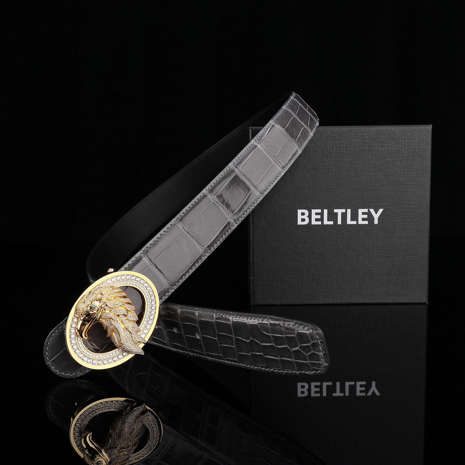 BELTLEY Graphite Gray Mirror Finish Crocodile Leather Belt