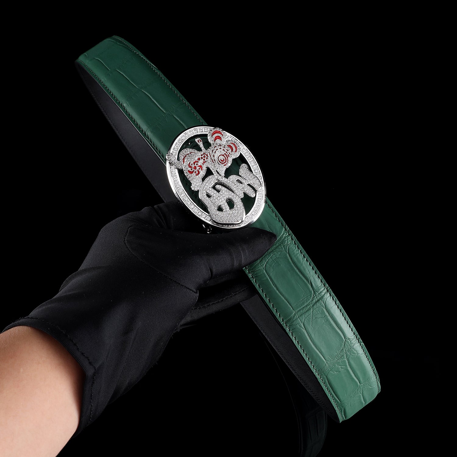 BELTLEY  Green Crocodile Belt with  Unique Fortune Rat Buckle