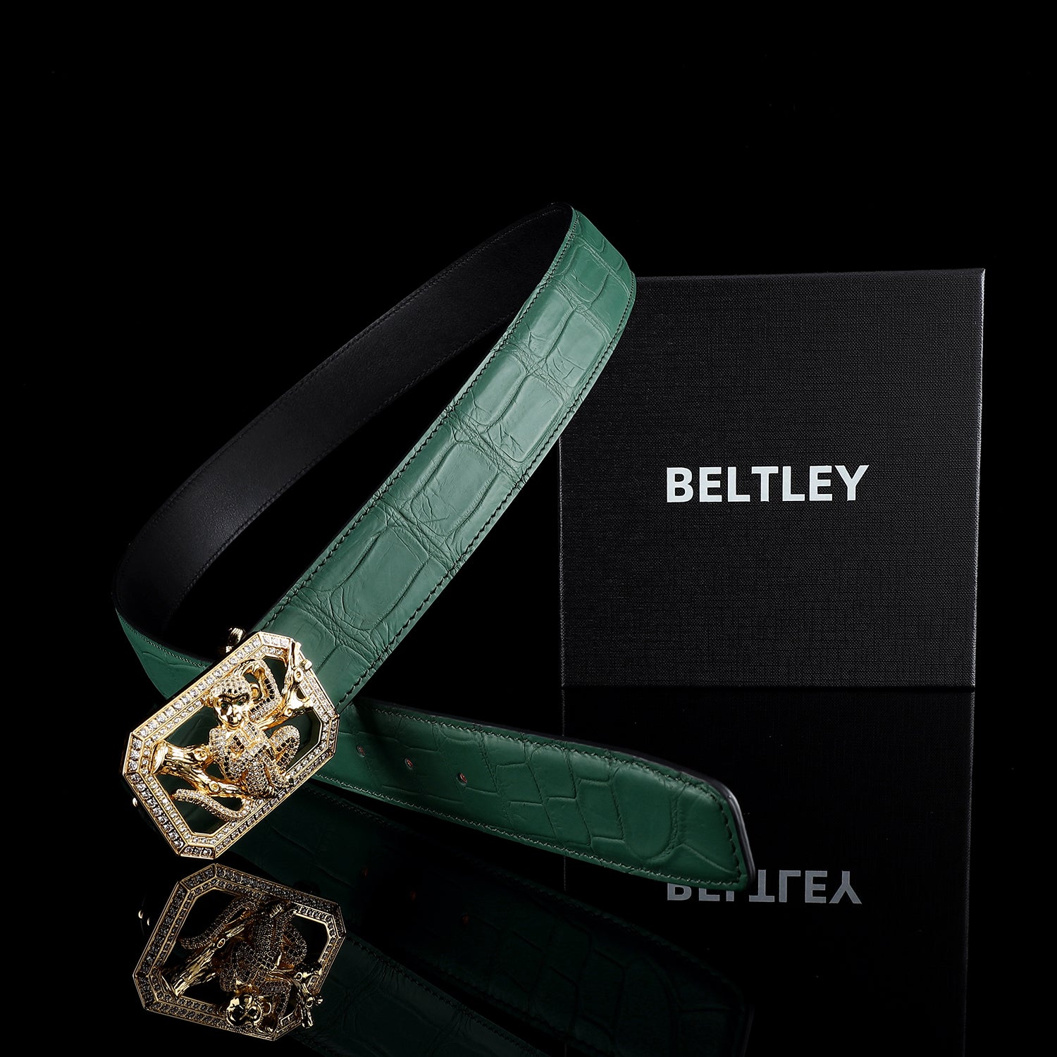BELTLEY Green Crocodile Leather Belt with Monkey Buckle