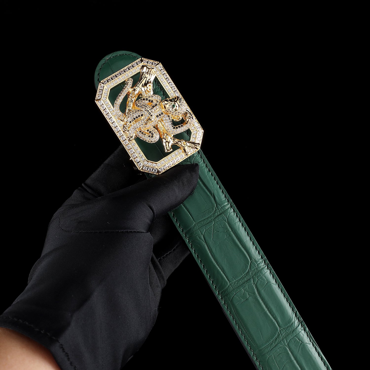 BELTLEY Green Crocodile Leather Belt with Monkey Buckle