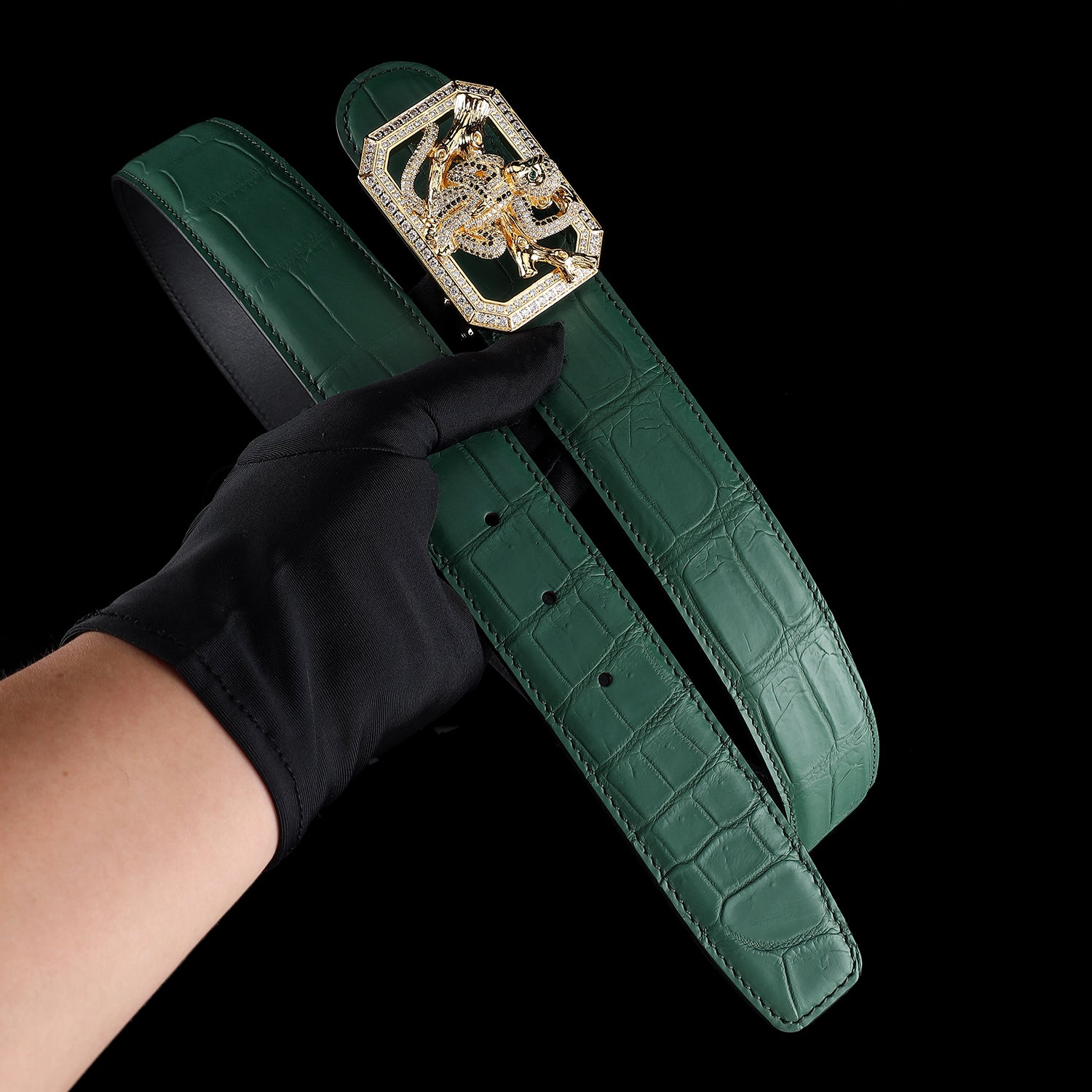 BELTLEY Green Crocodile Leather Belt with Monkey Buckle