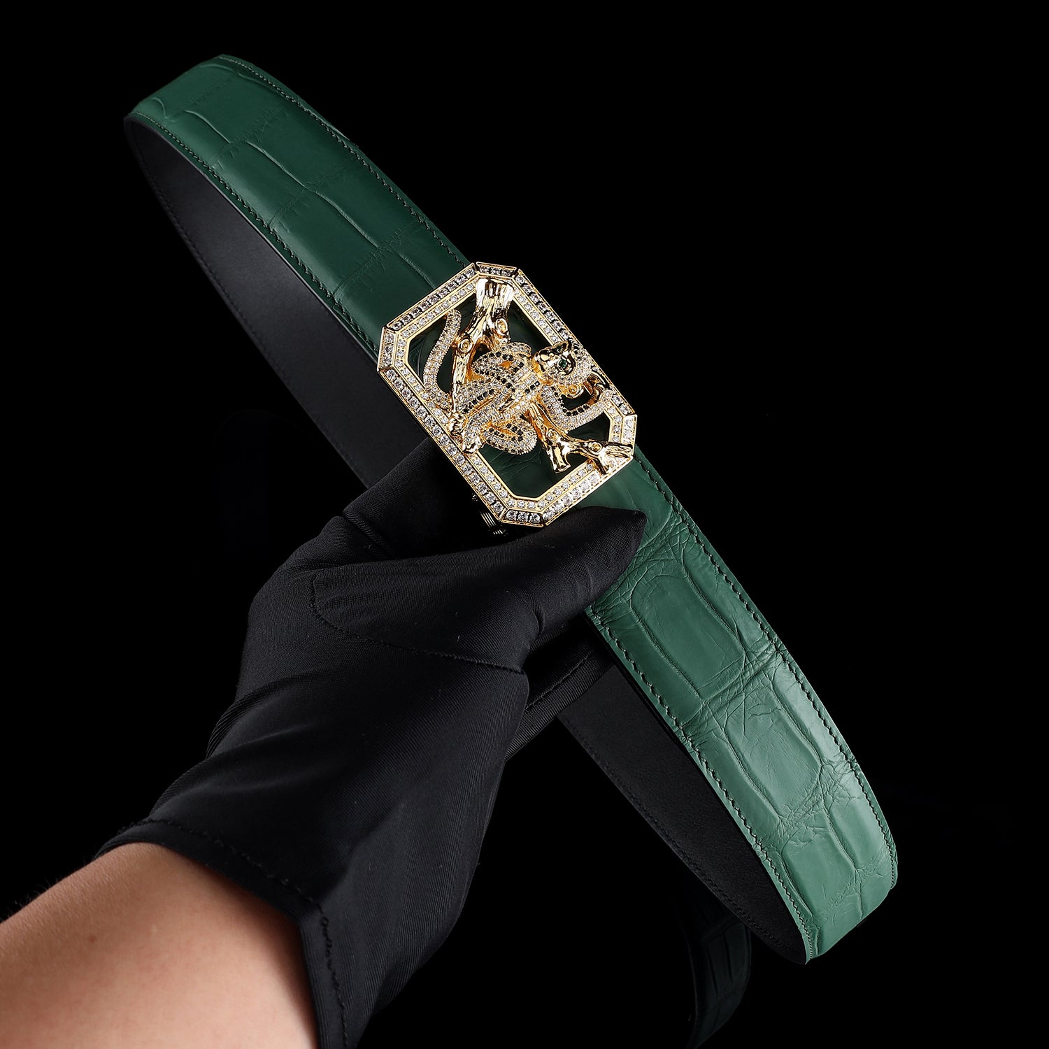 BELTLEY Green Crocodile Leather Belt with Monkey Buckle