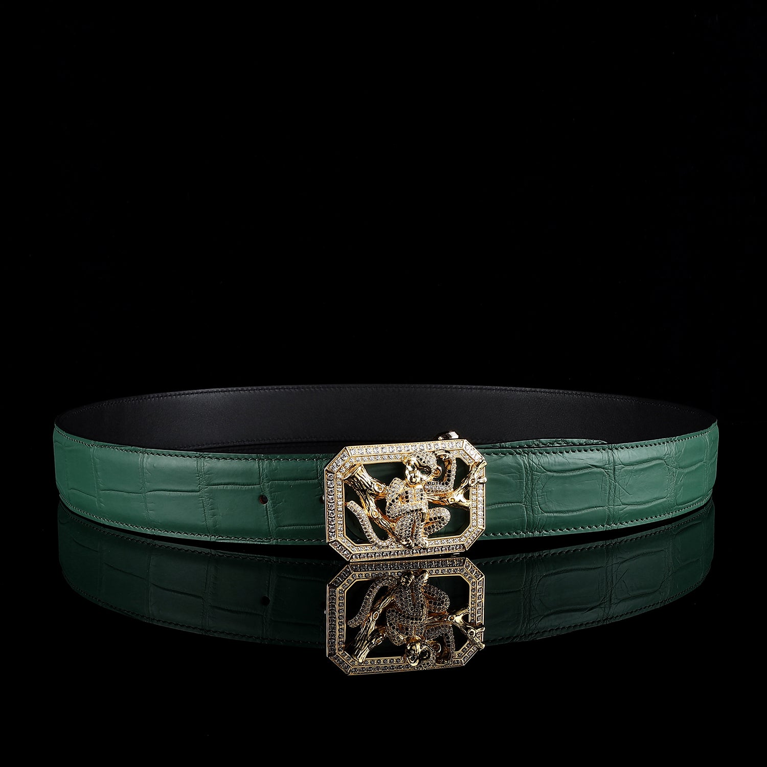BELTLEY Green Crocodile Leather Belt with Monkey Buckle