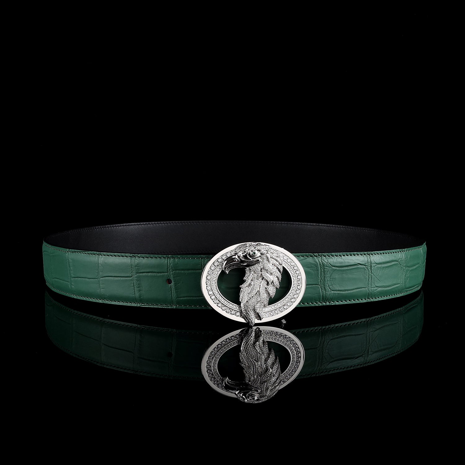BELTLEY Green Crocodile Skin Dress Belt With Silver Eagle Buckle