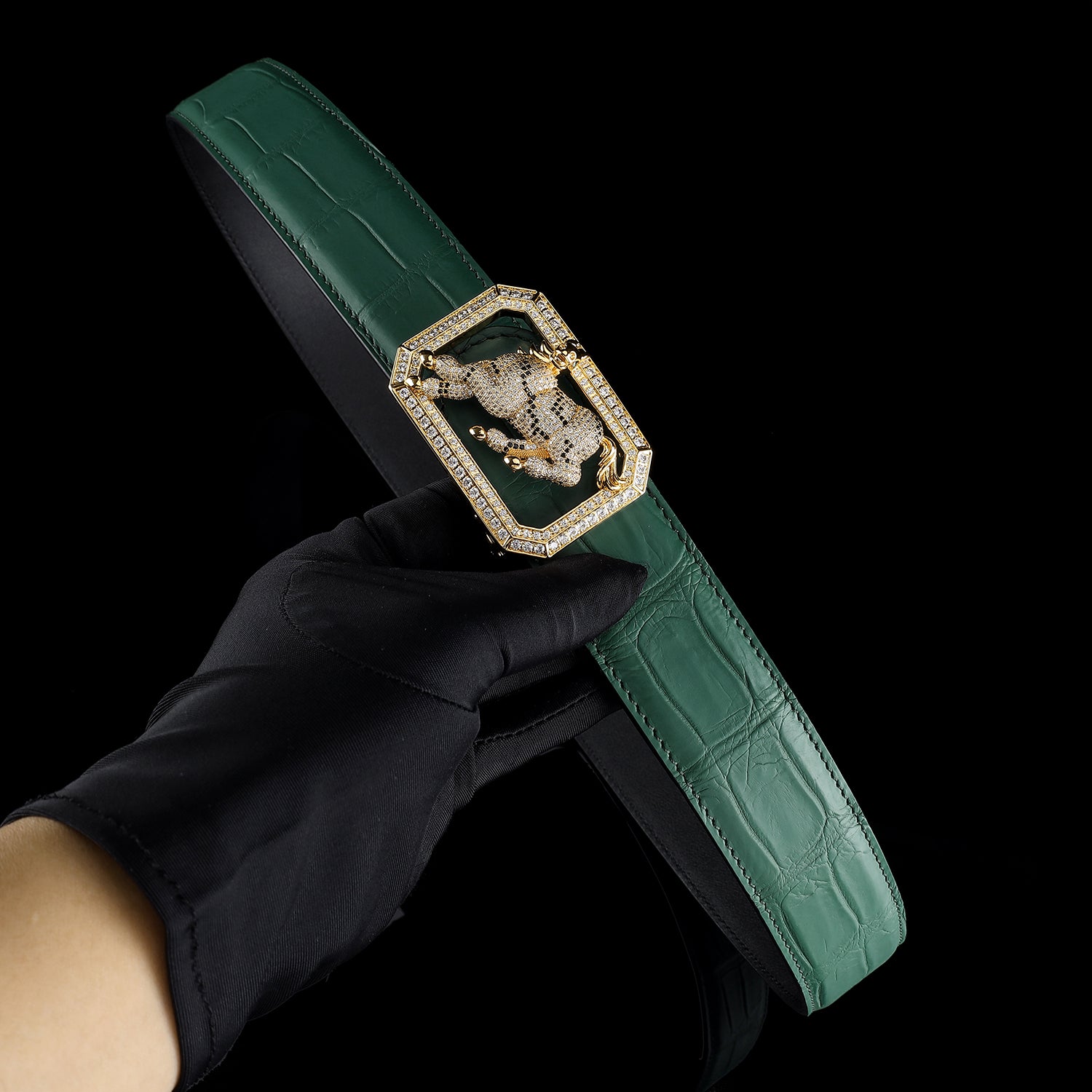 BELTLEY Green Crocodile Skin Men’s Belt With Horse Buckle