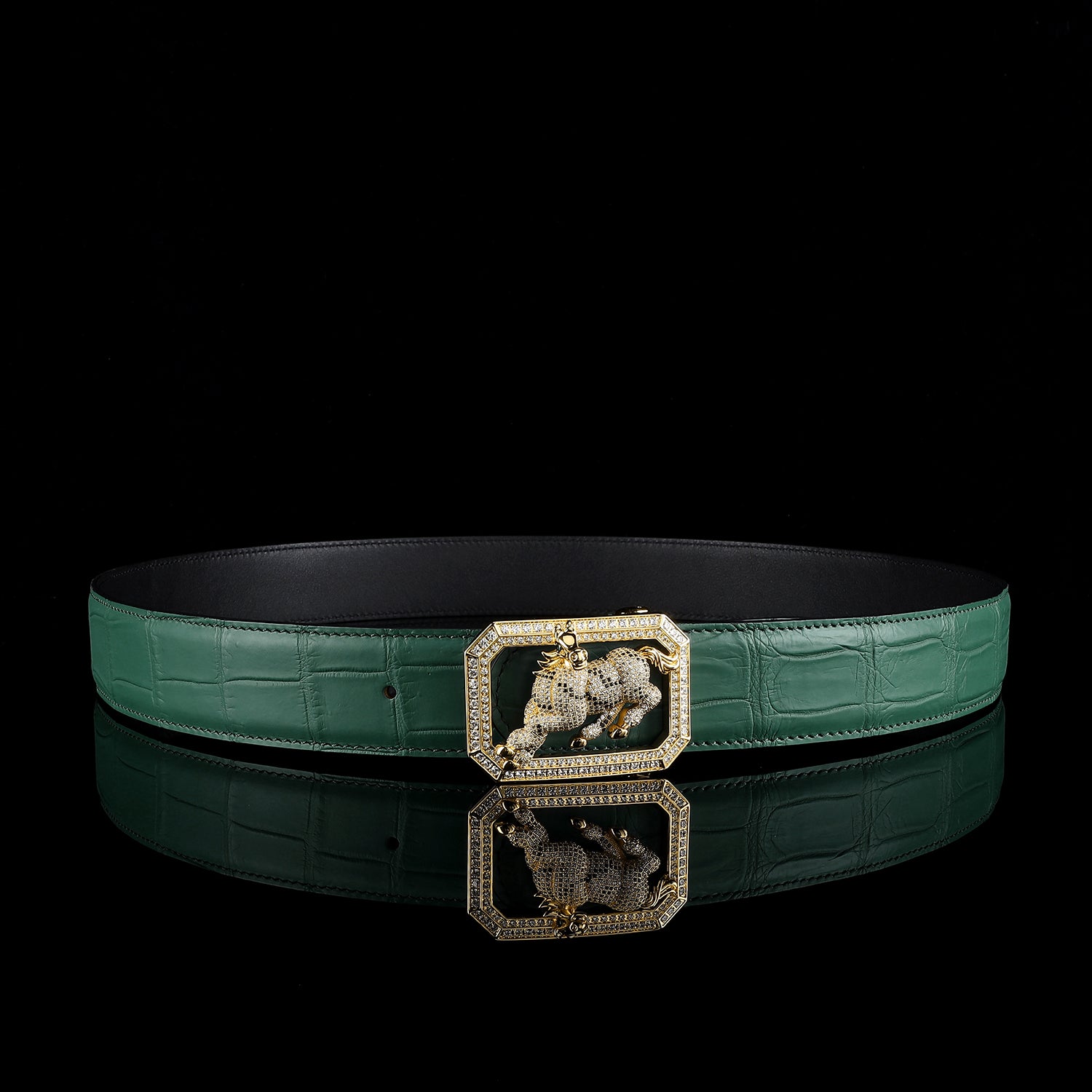 BELTLEY Green Crocodile Skin Men’s Belt With Horse Buckle