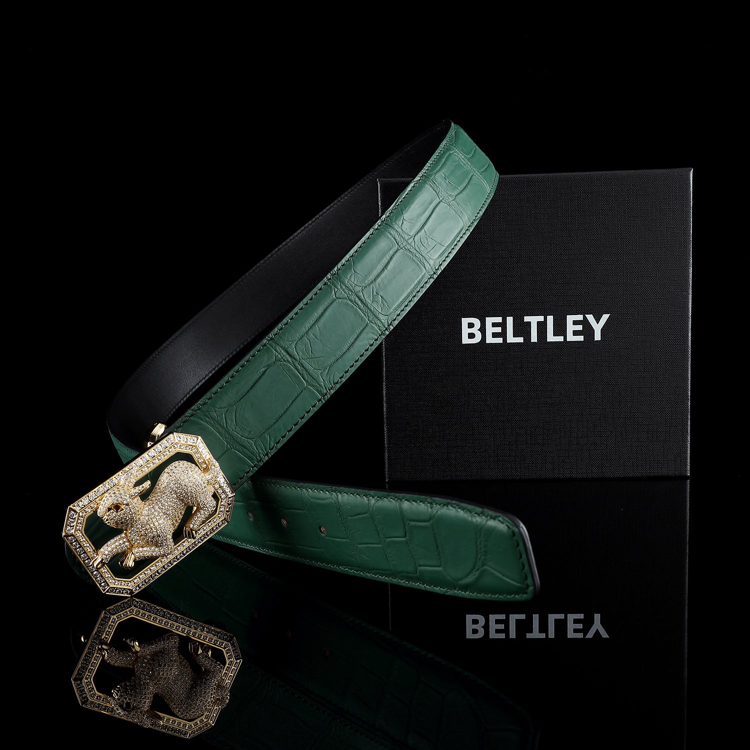 BELTLEY Green Exotic Crocodile Leather Belt With Rabbit Buckle
