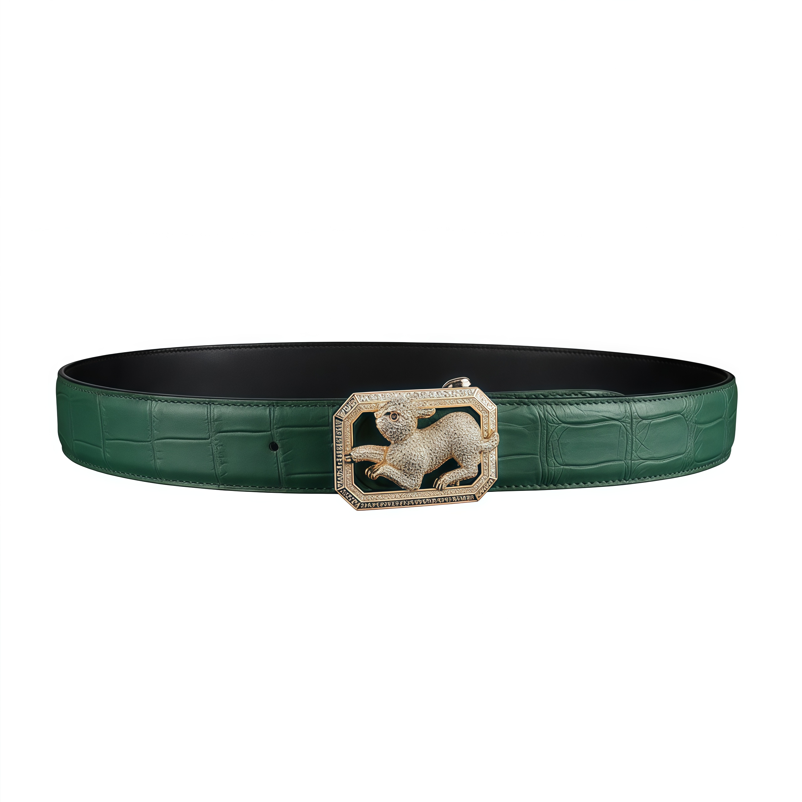 BELTLEY Green Exotic Crocodile Leather Belt With Rabbit Buckle