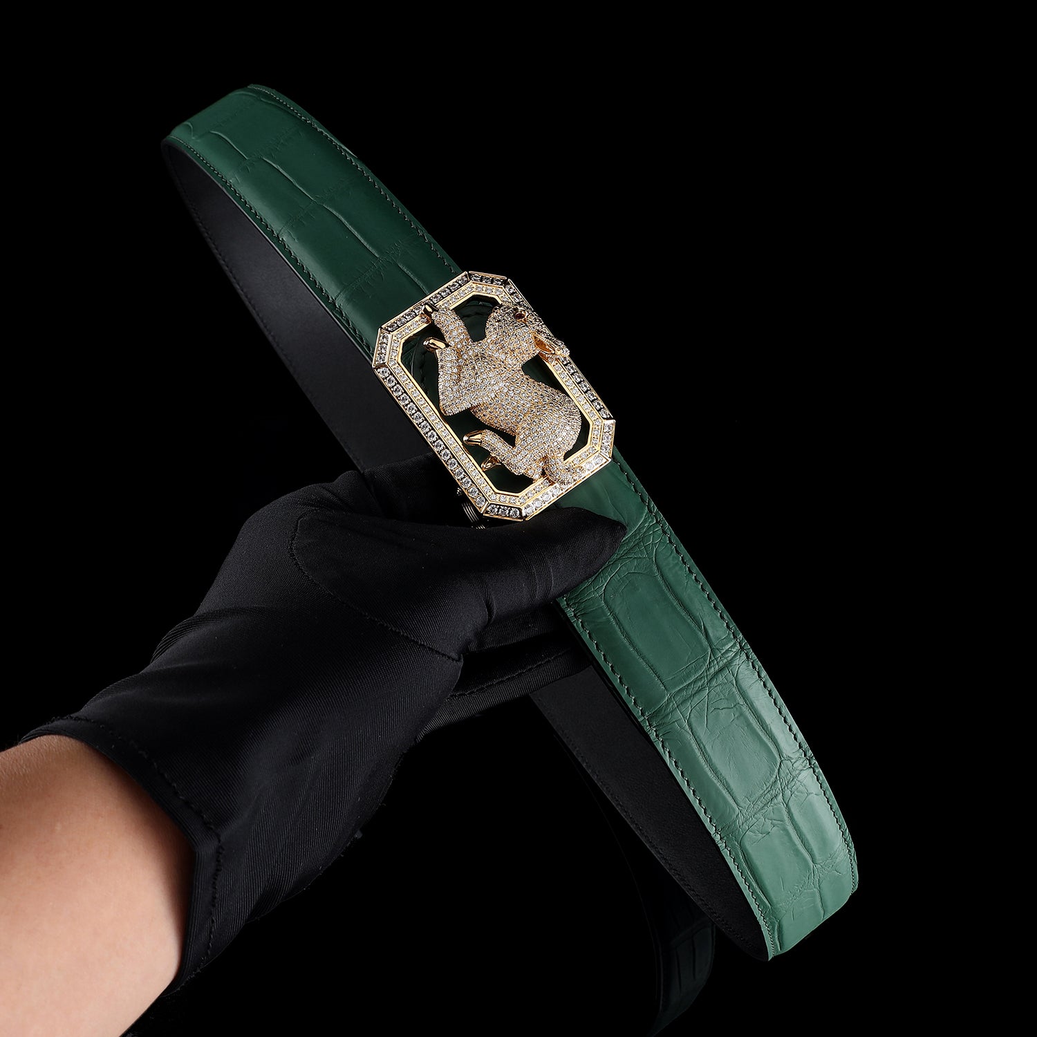 BELTLEY Green Exotic Crocodile Leather Belt With Rabbit Buckle