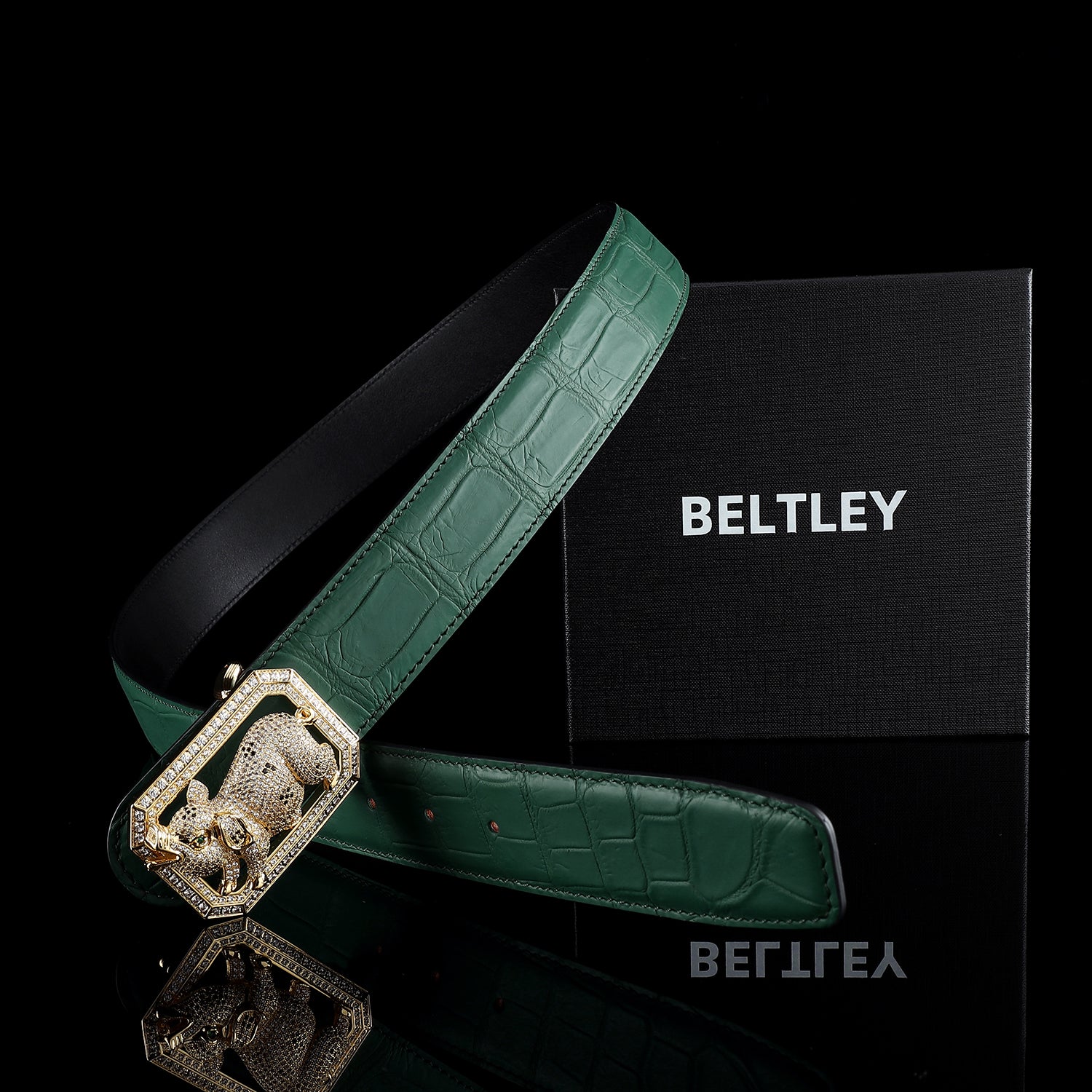BELTLEY Green Genuine Crocodile Leather Belt With Pig Buckle
