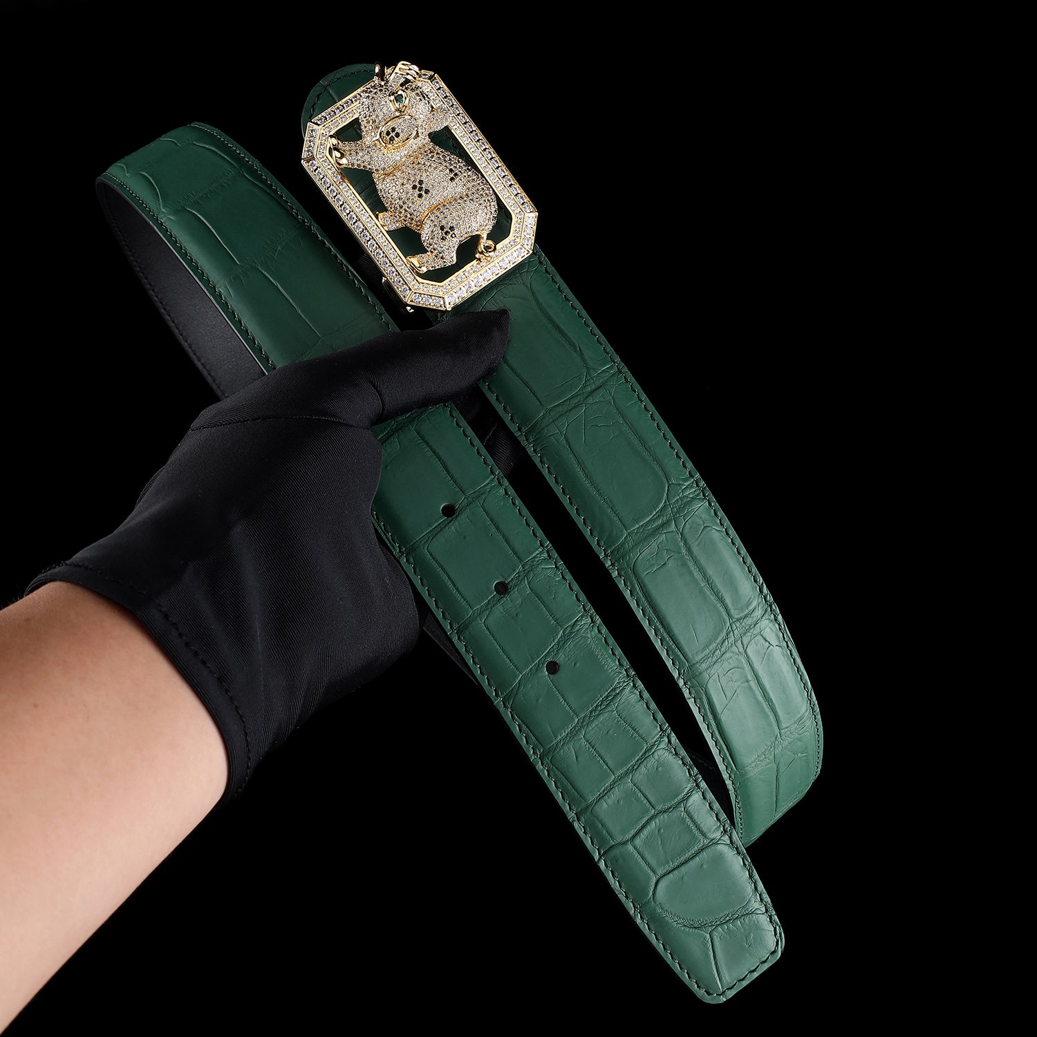 BELTLEY Green Genuine Crocodile Leather Belt With Pig Buckle