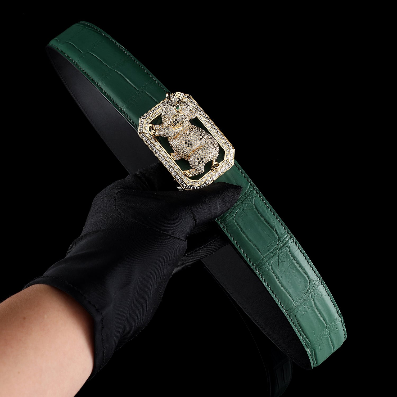 BELTLEY Green Genuine Crocodile Leather Belt With Pig Buckle