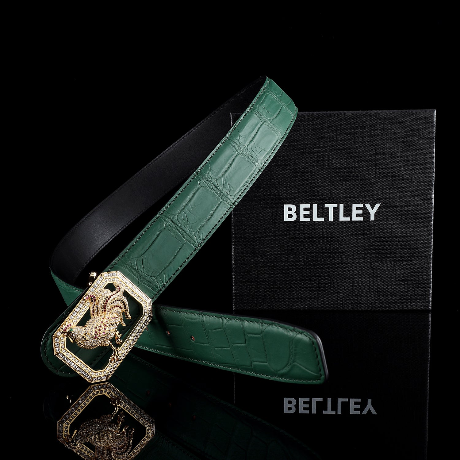 BELTLEY Green Original Crocodile Leather Belt With Rooster Buckle