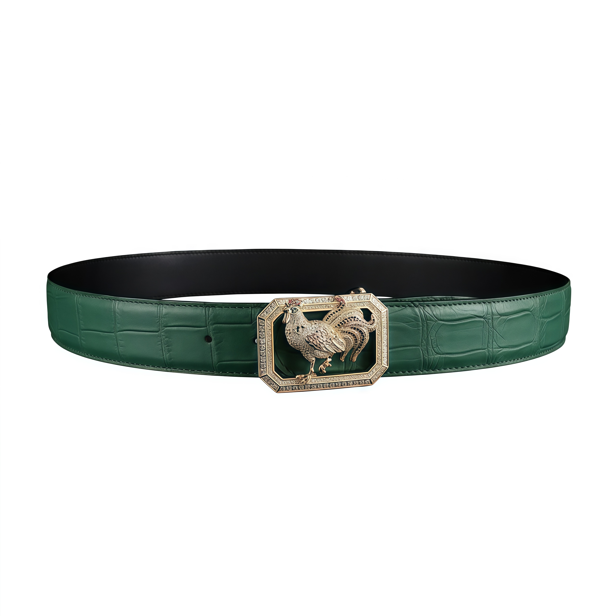 BELTLEY Green Original Crocodile Leather Belt With Rooster Buckle