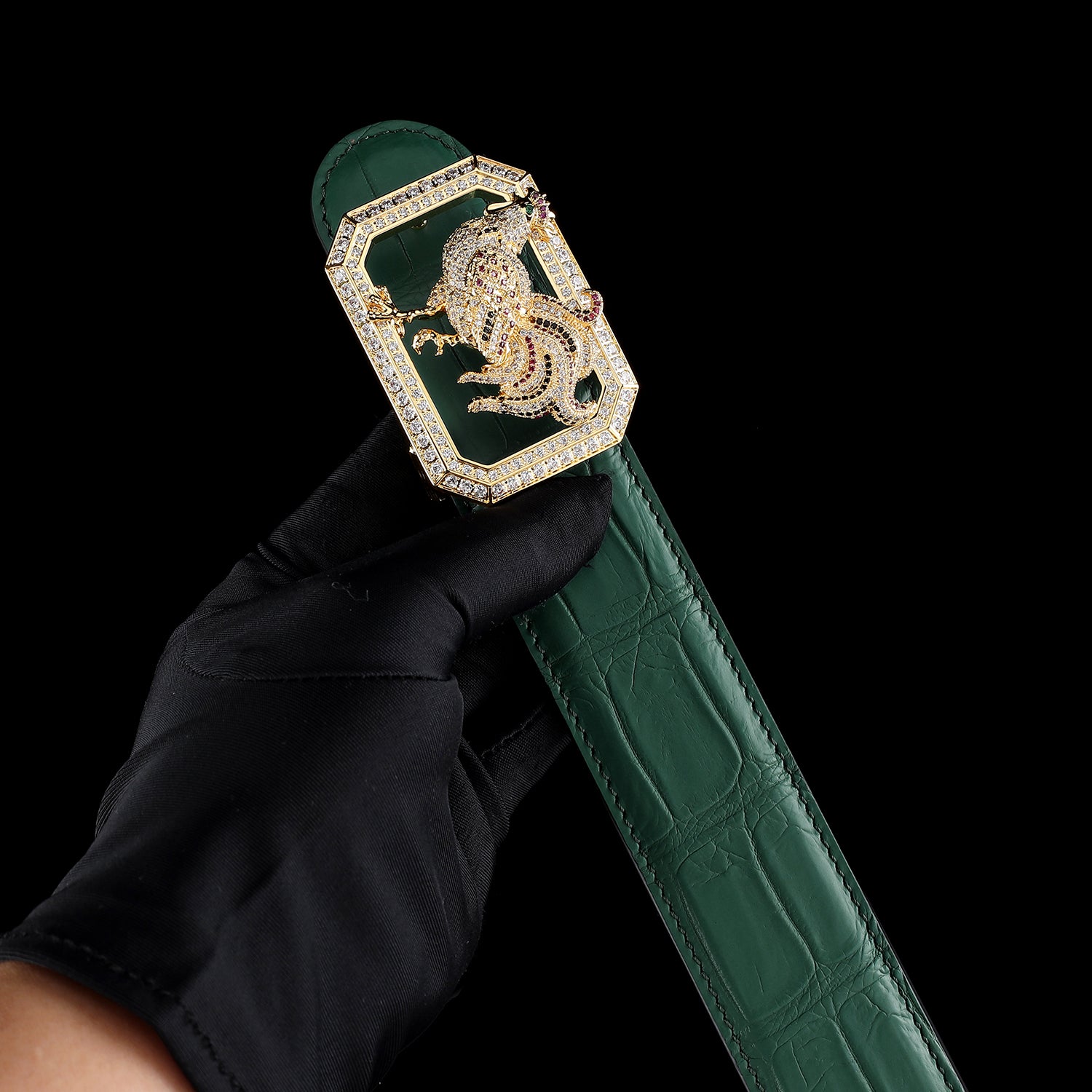 BELTLEY Green Original Crocodile Leather Belt With Rooster Buckle