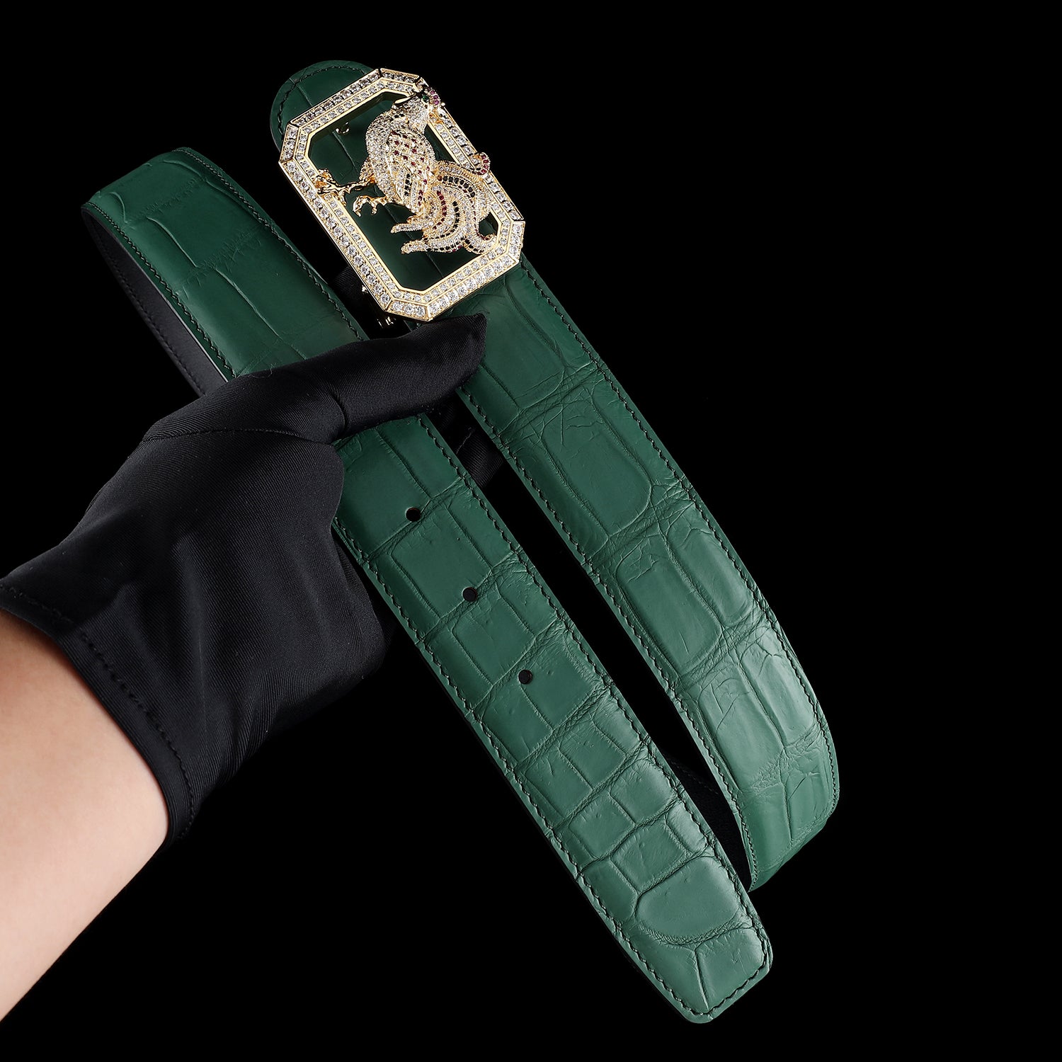 BELTLEY Green Original Crocodile Leather Belt With Rooster Buckle