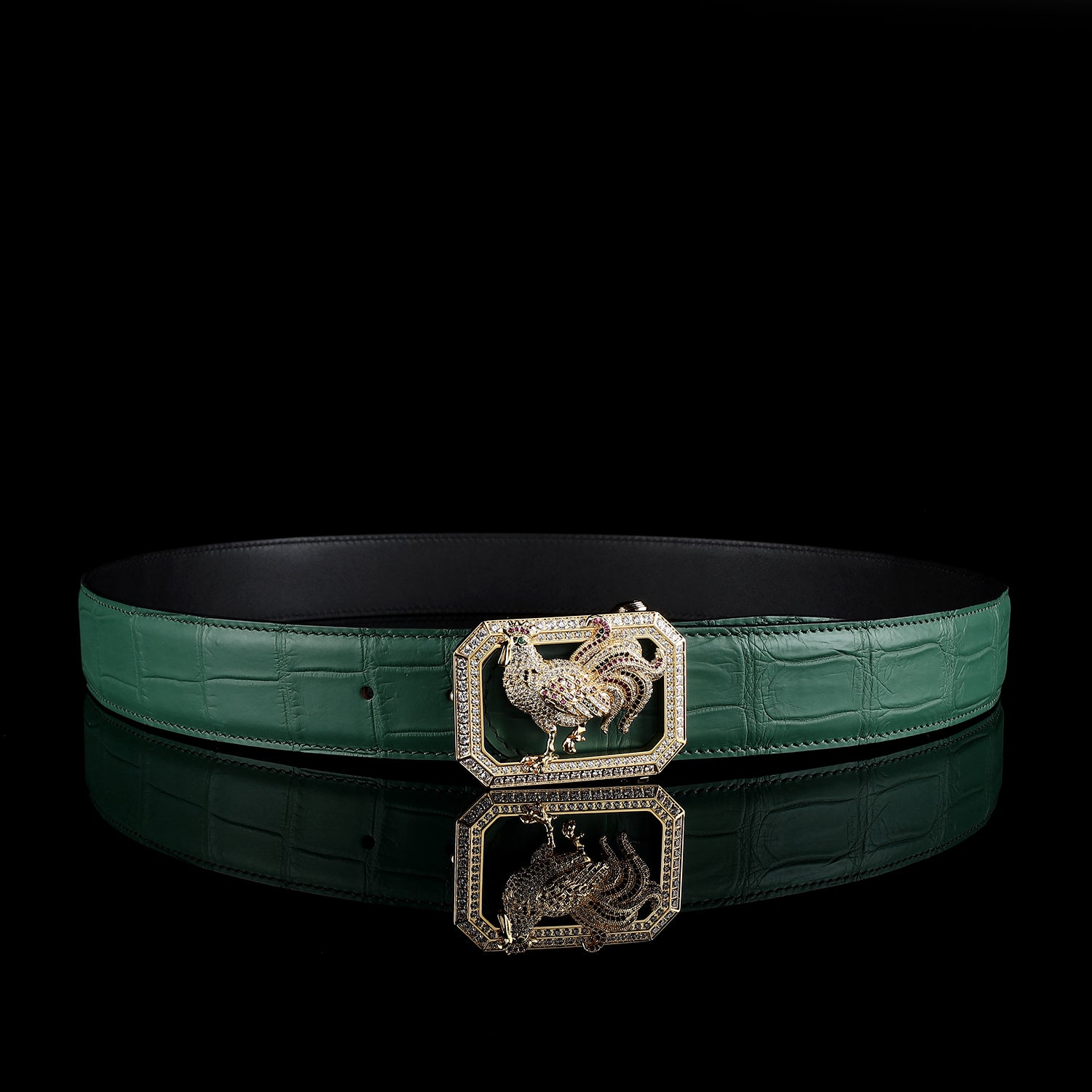 BELTLEY Green Original Crocodile Leather Belt With Rooster Buckle