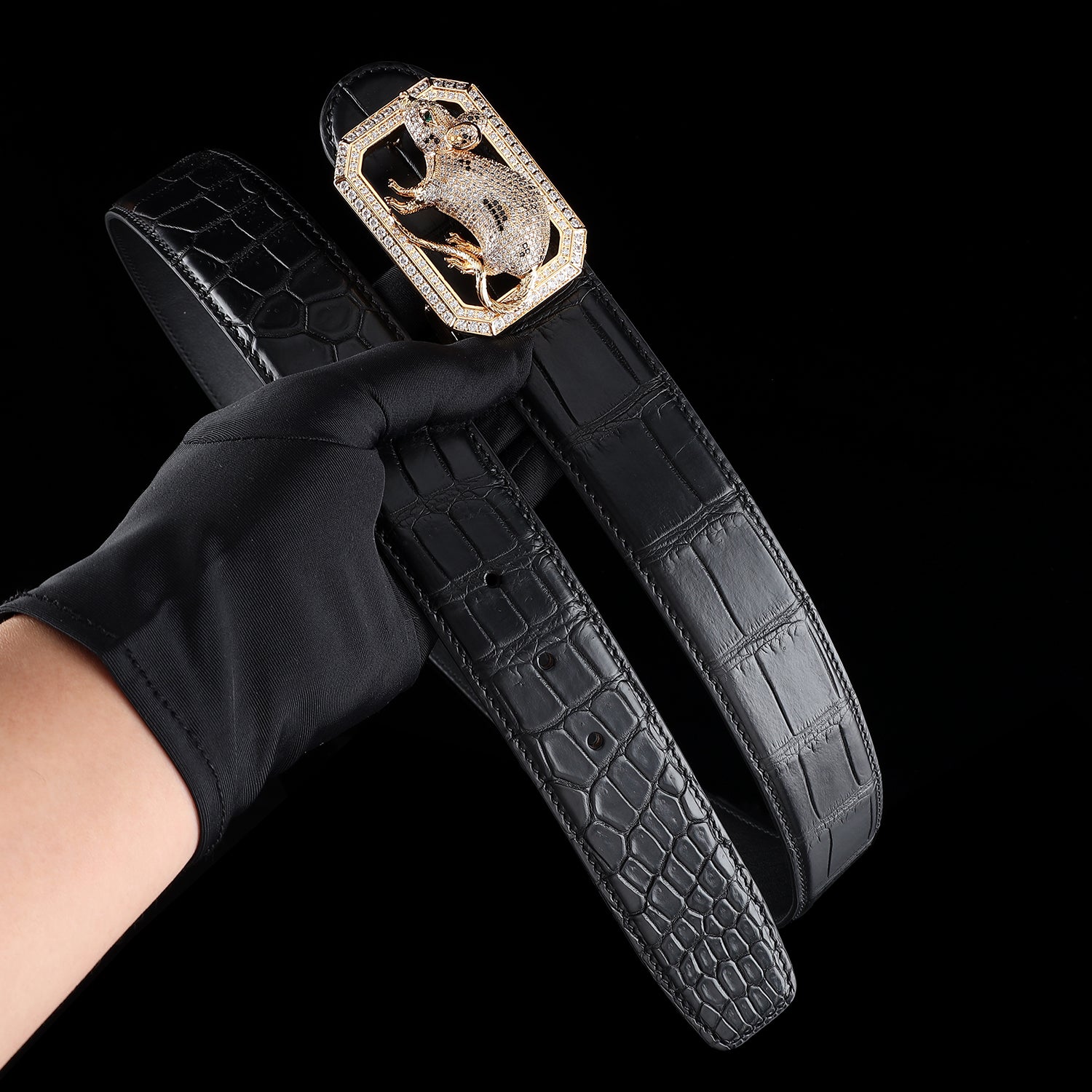 BELTLEY Handmade Men's Black Crocodile Belt With Rat Buckle