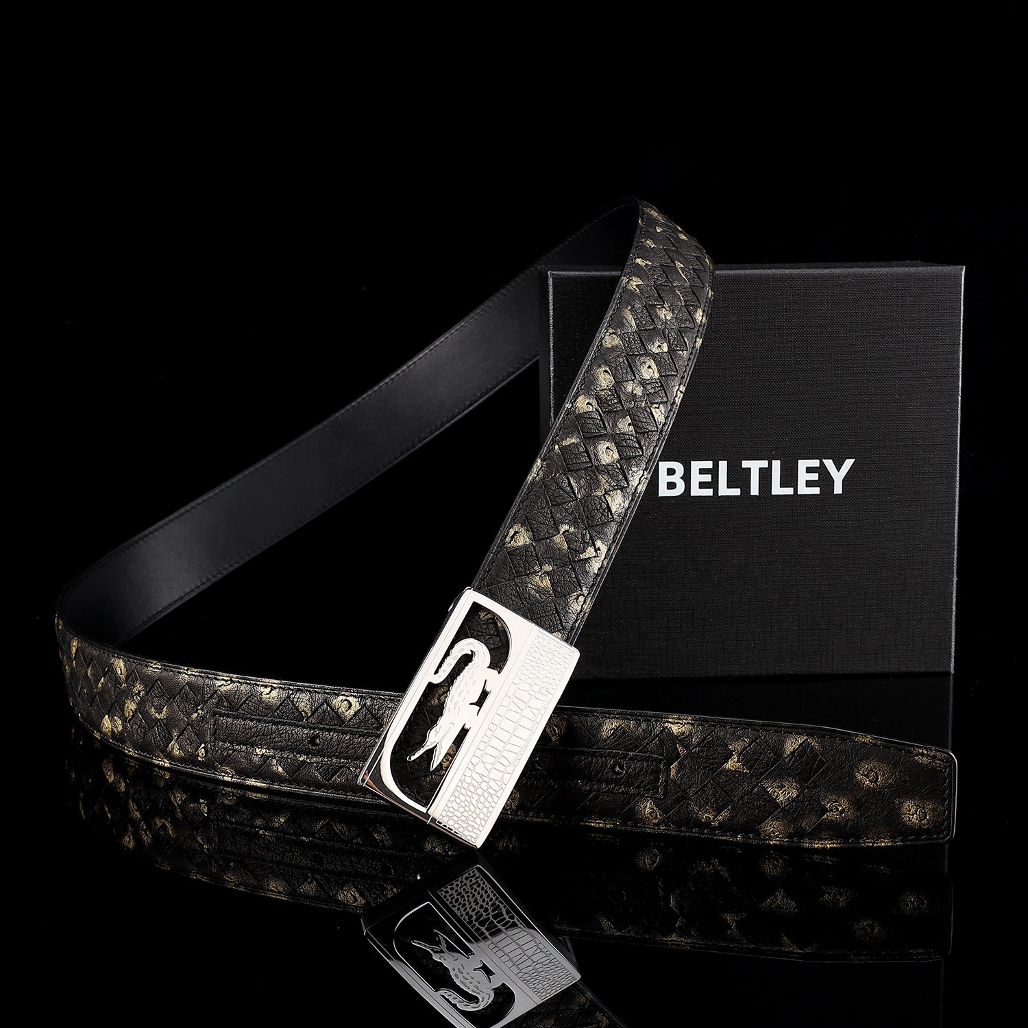 Handwoven Ostrich Leather Belt with Crocodile Plaque Buckle – 1.5" — lifestyle shot | BELTLEY