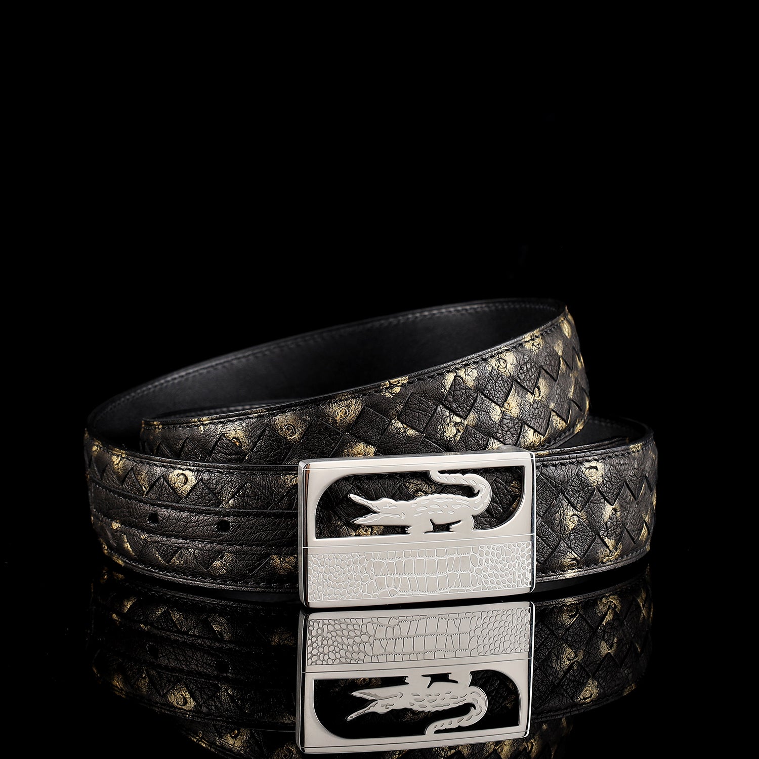 Handwoven Ostrich Leather Belt with Crocodile Plaque Buckle – 1.5" — buckle close-up | BELTLEY