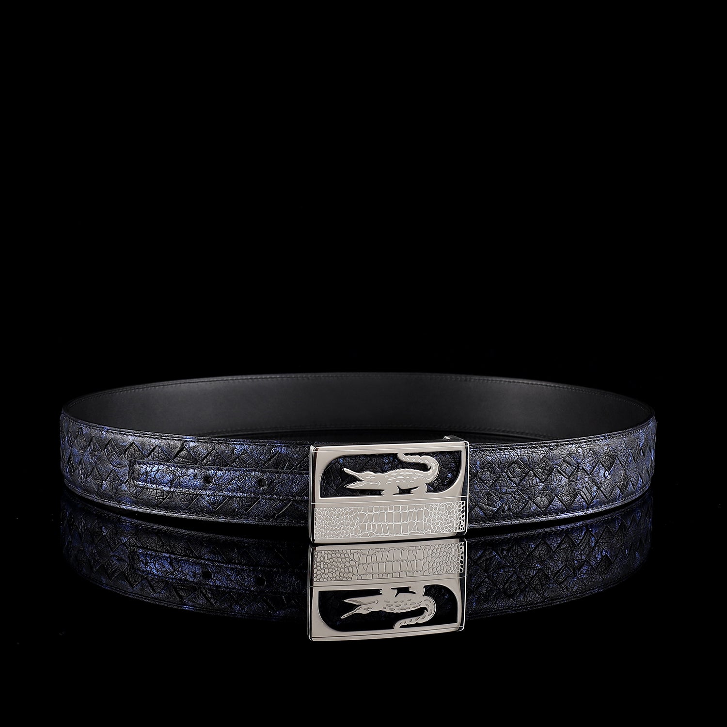 Handwoven Ostrich Leather Belt with Crocodile Plaque Buckle – 1.5" — edge detail | BELTLEY