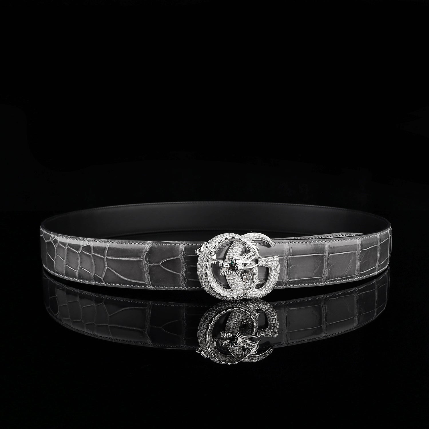 BELTLEY High-Gloss Graphite Crocodile Skin Belt for Men