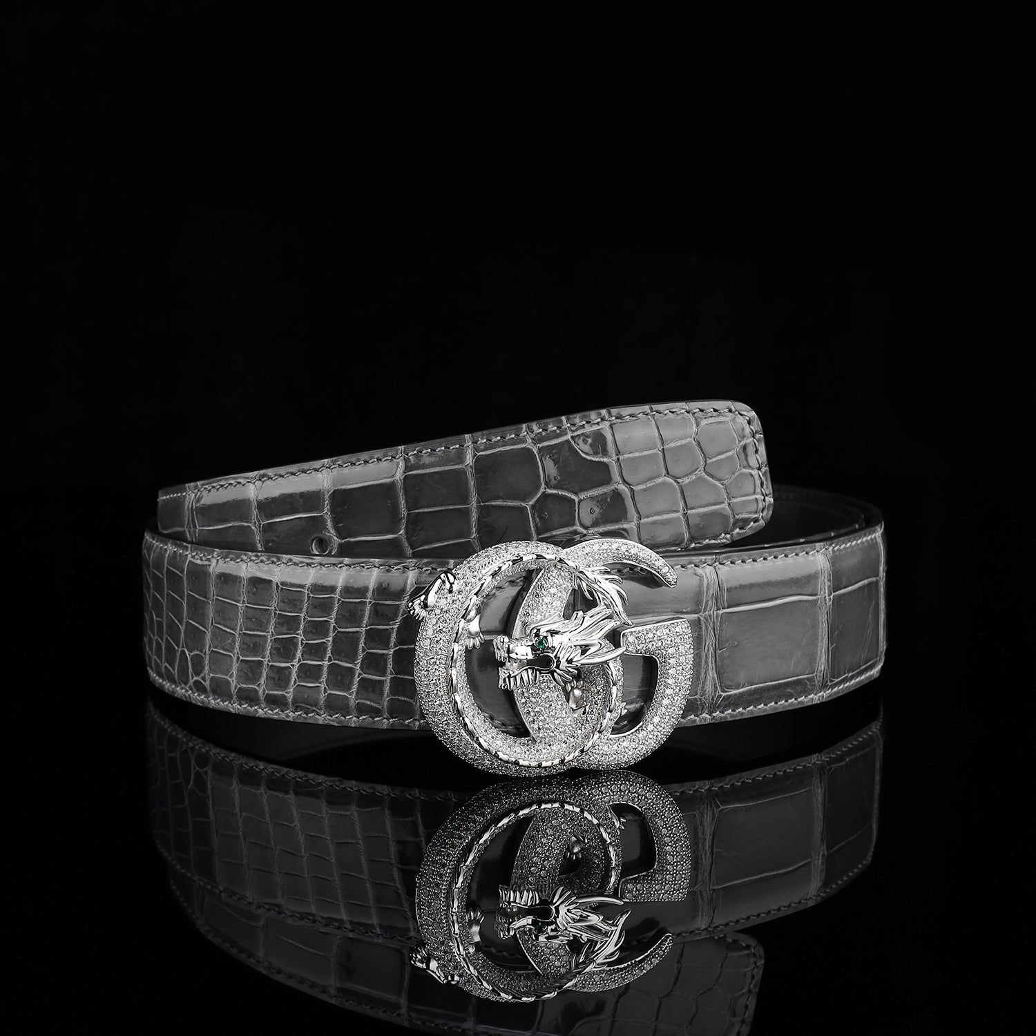 BELTLEY High-Gloss Graphite Crocodile Skin Belt for Men
