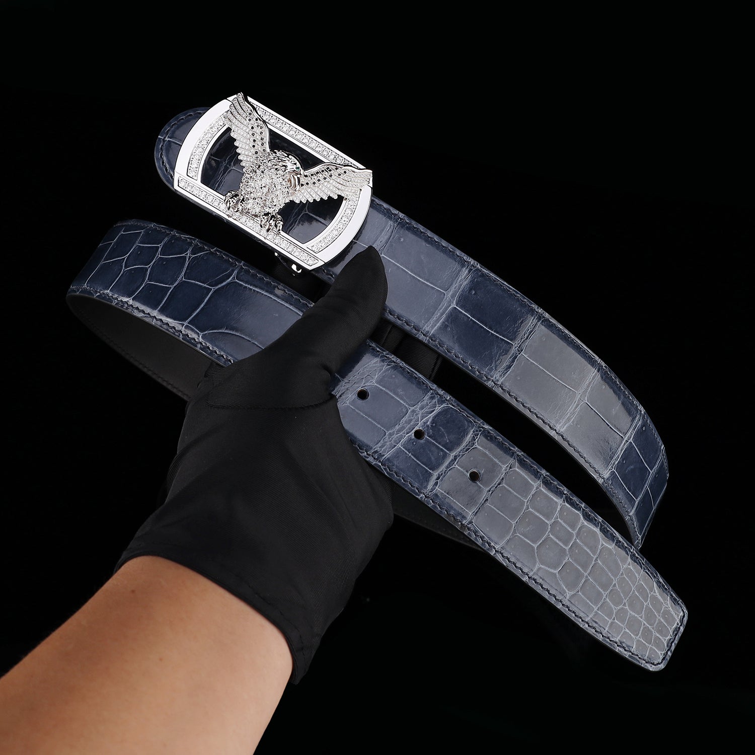 BELTLEY High-Gloss Storm Blue Crocodile Skin Belt for Men