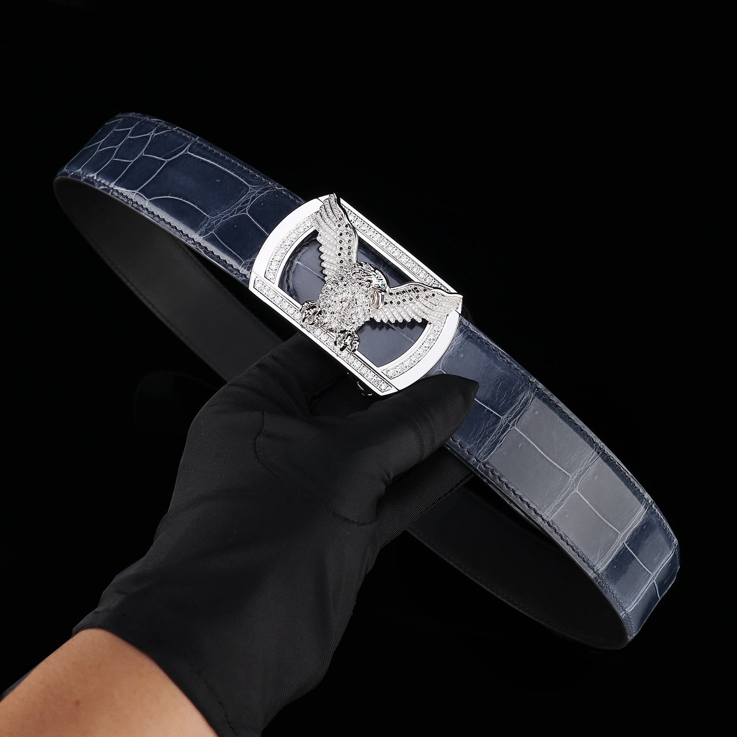 BELTLEY High-Gloss Storm Blue Crocodile Skin Belt for Men