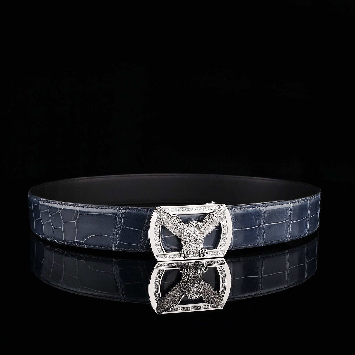 BELTLEY High-Gloss Storm Blue Crocodile Skin Belt for Men