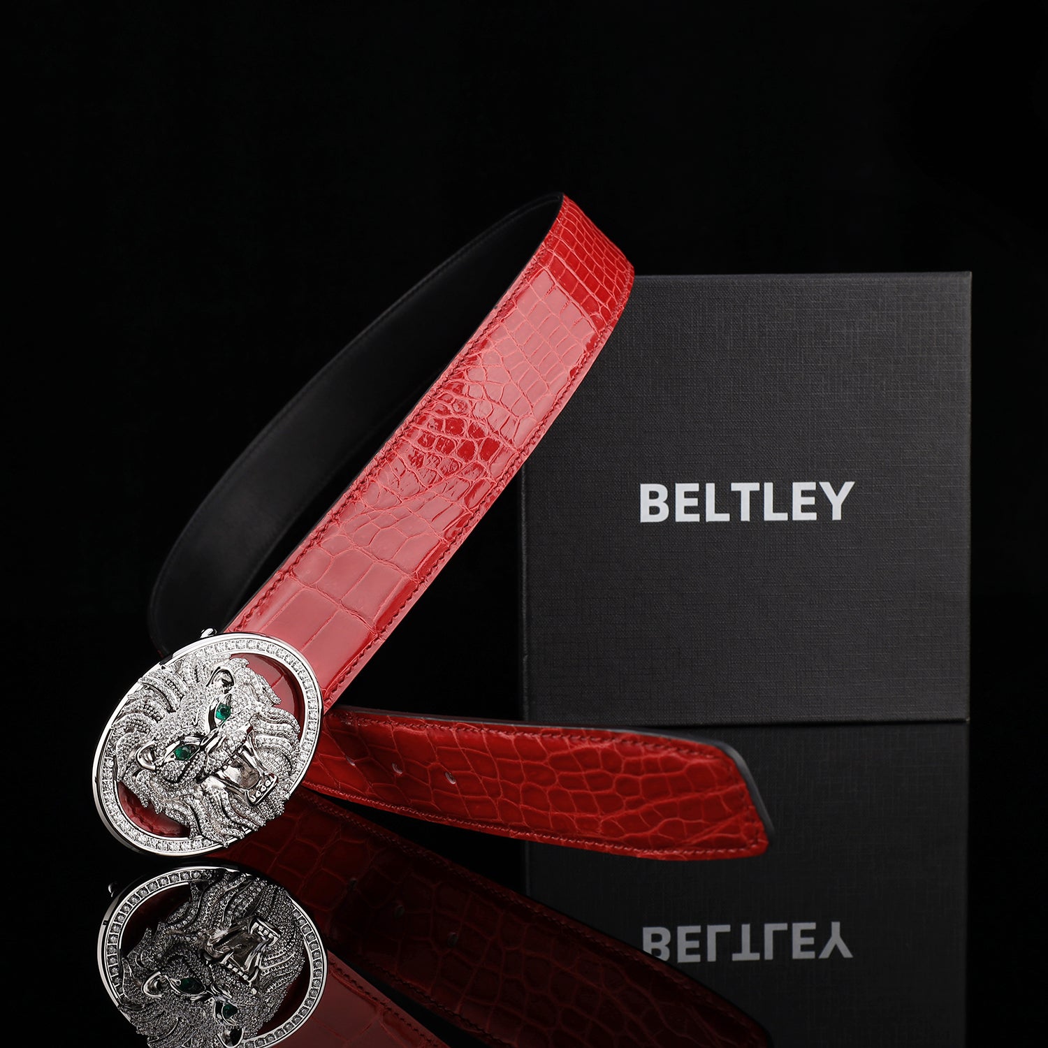 BELTLEY High Gloss Imperial Ruby Red Crocodile Belt for Men