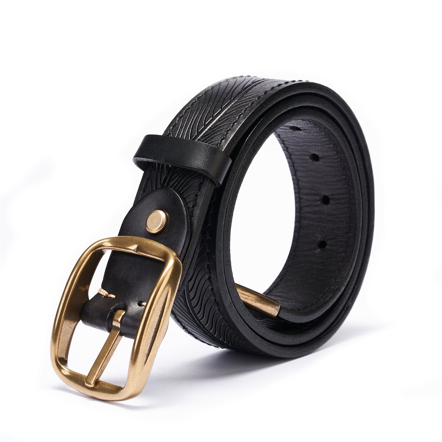 BELTLEY Laser-Etched Leaf Belt 1.5" - Black Full-Grain Leather（Nature Inspired）