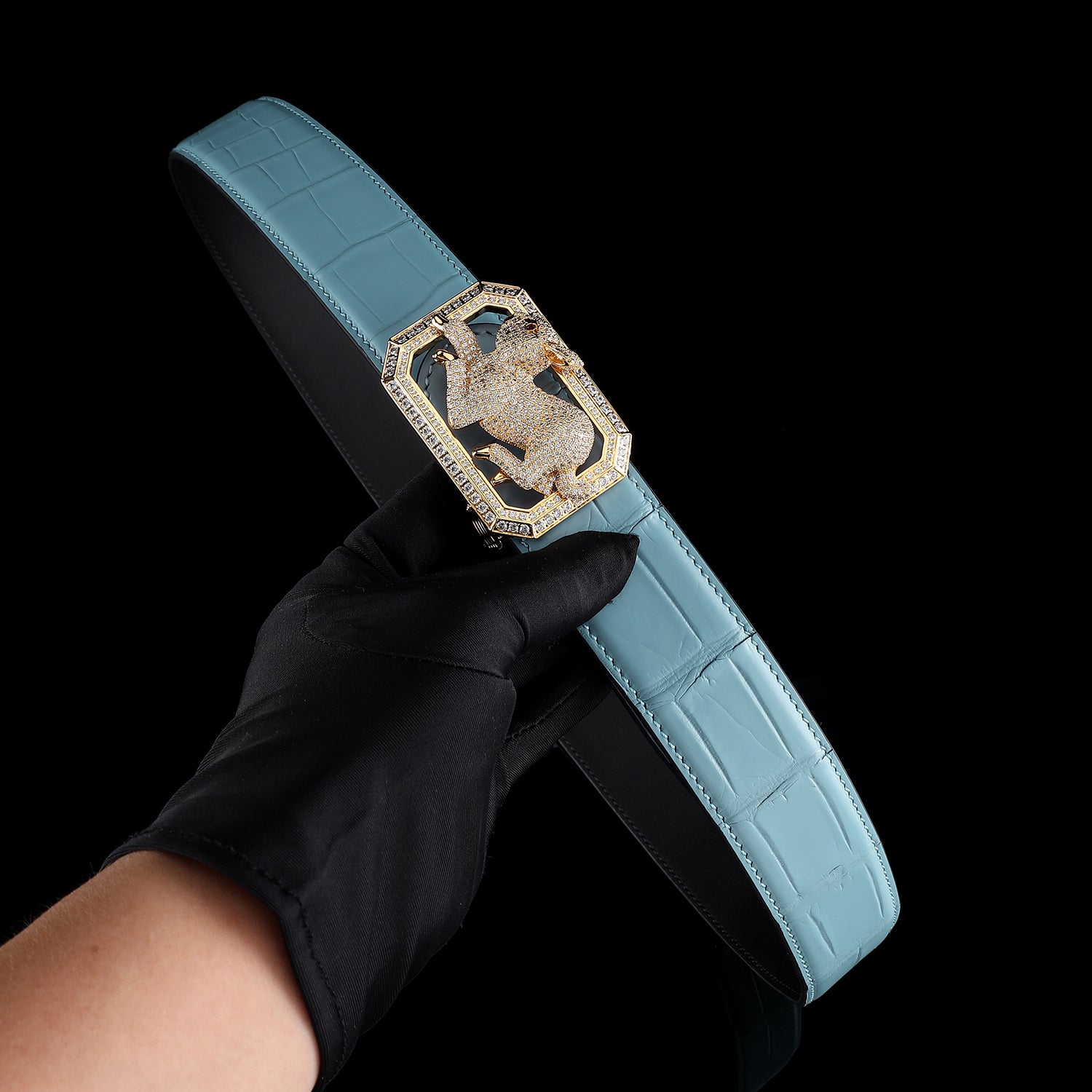 BELTLEY Limited-Edition Tiffany Blue Crocodile Belt with Rabbit Buckle