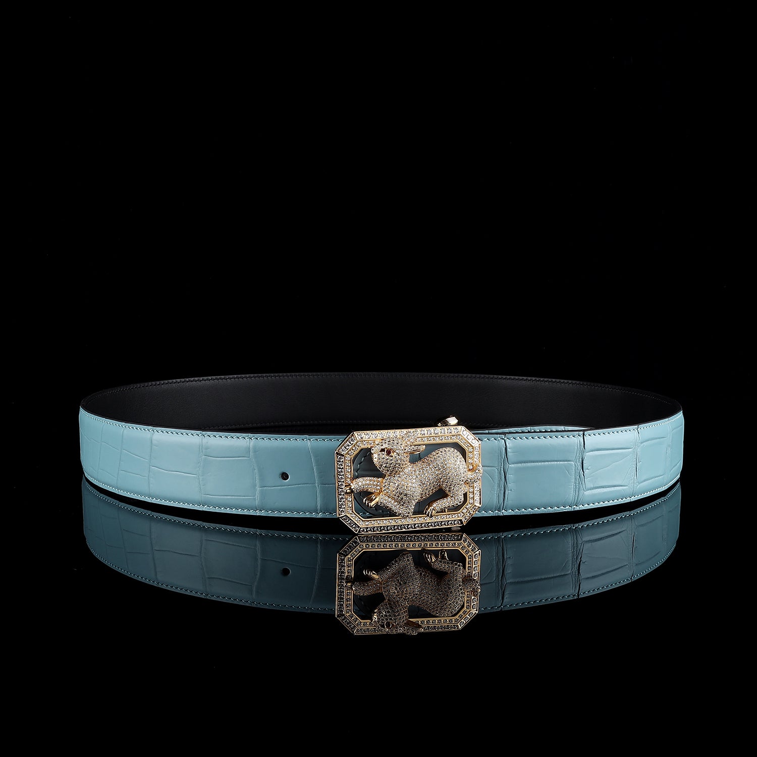 BELTLEY Limited-Edition Tiffany Blue Crocodile Belt with Rabbit Buckle