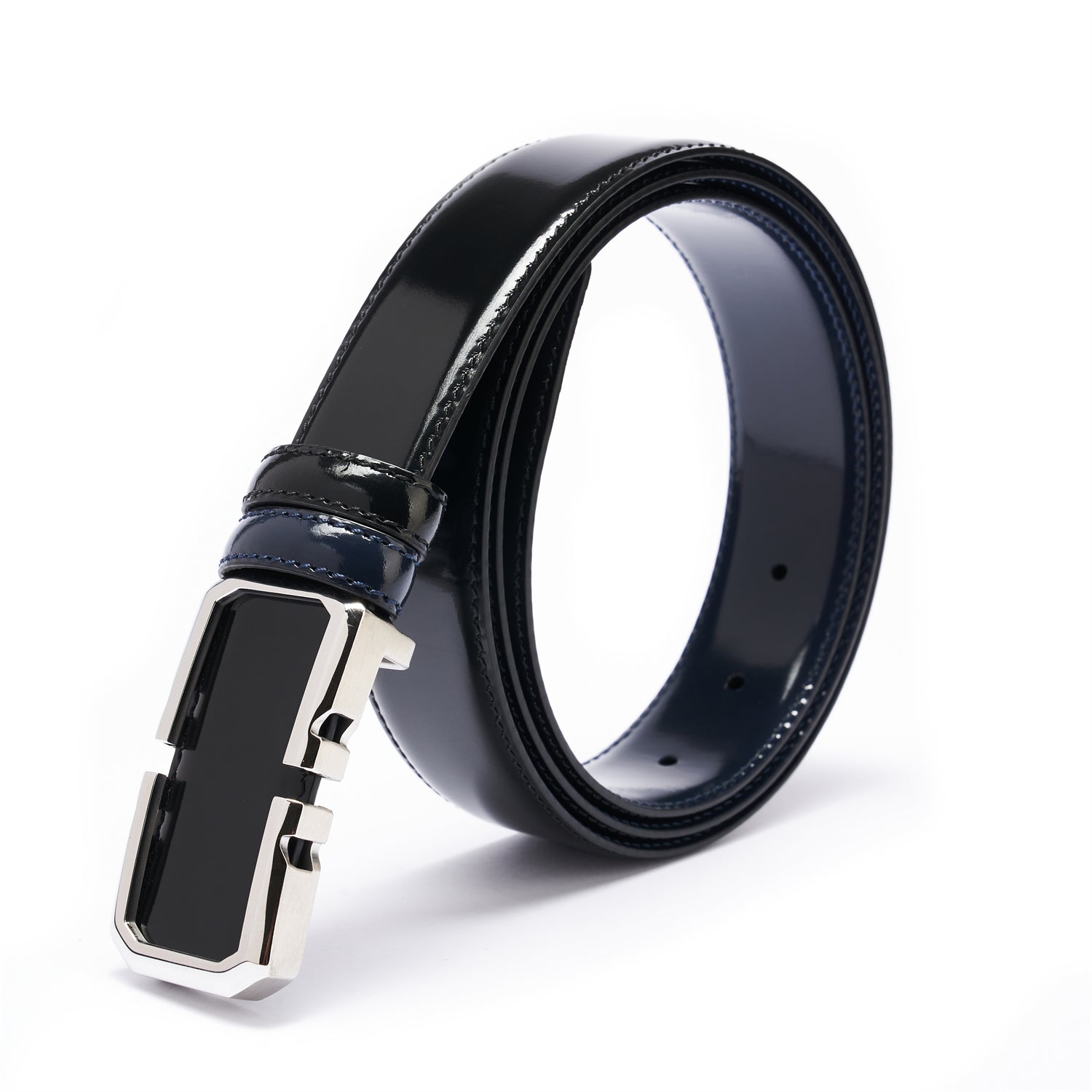 BELTLEY Luminous Black Leather Belt With Plate Buckle - 1.38" Width