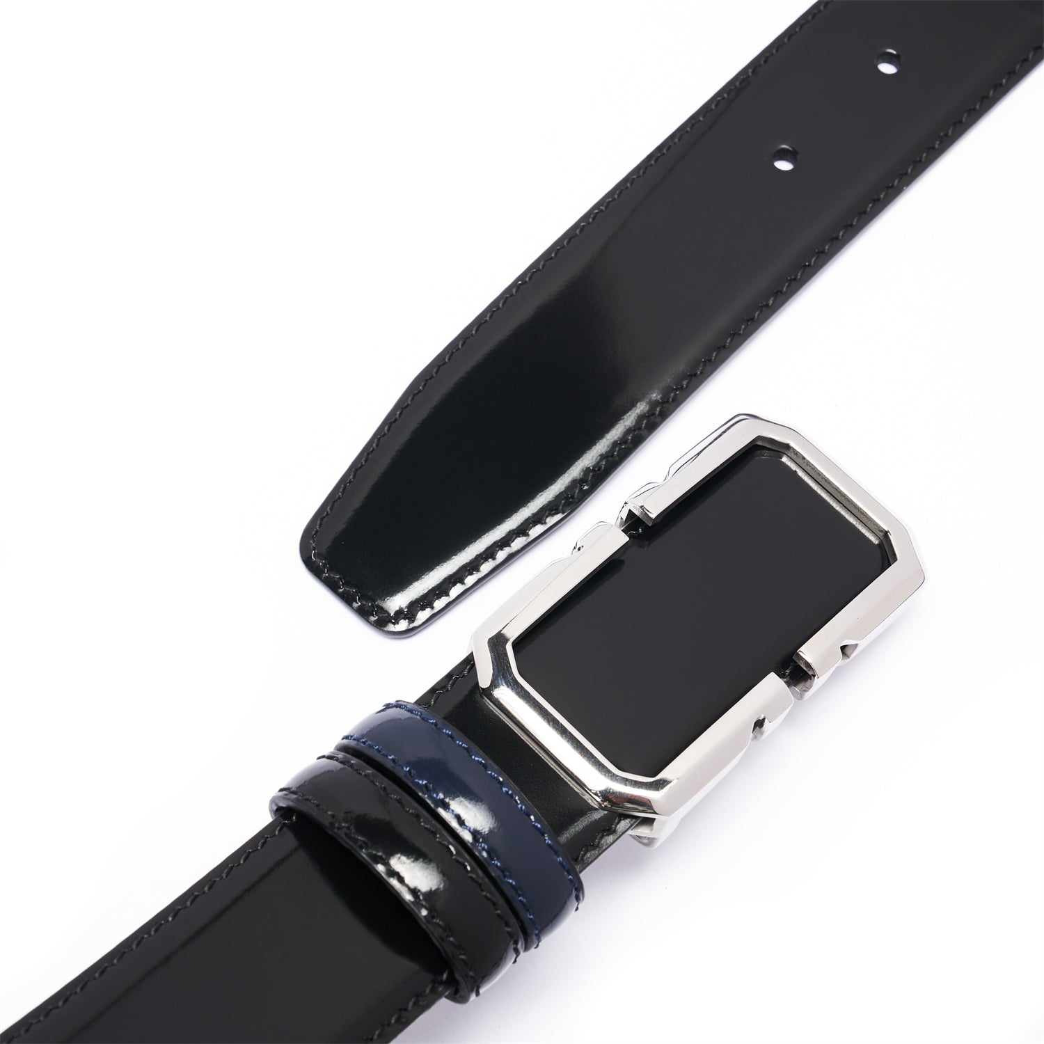 BELTLEY Luminous Black Leather Belt With Plate Buckle - 1.38" Width