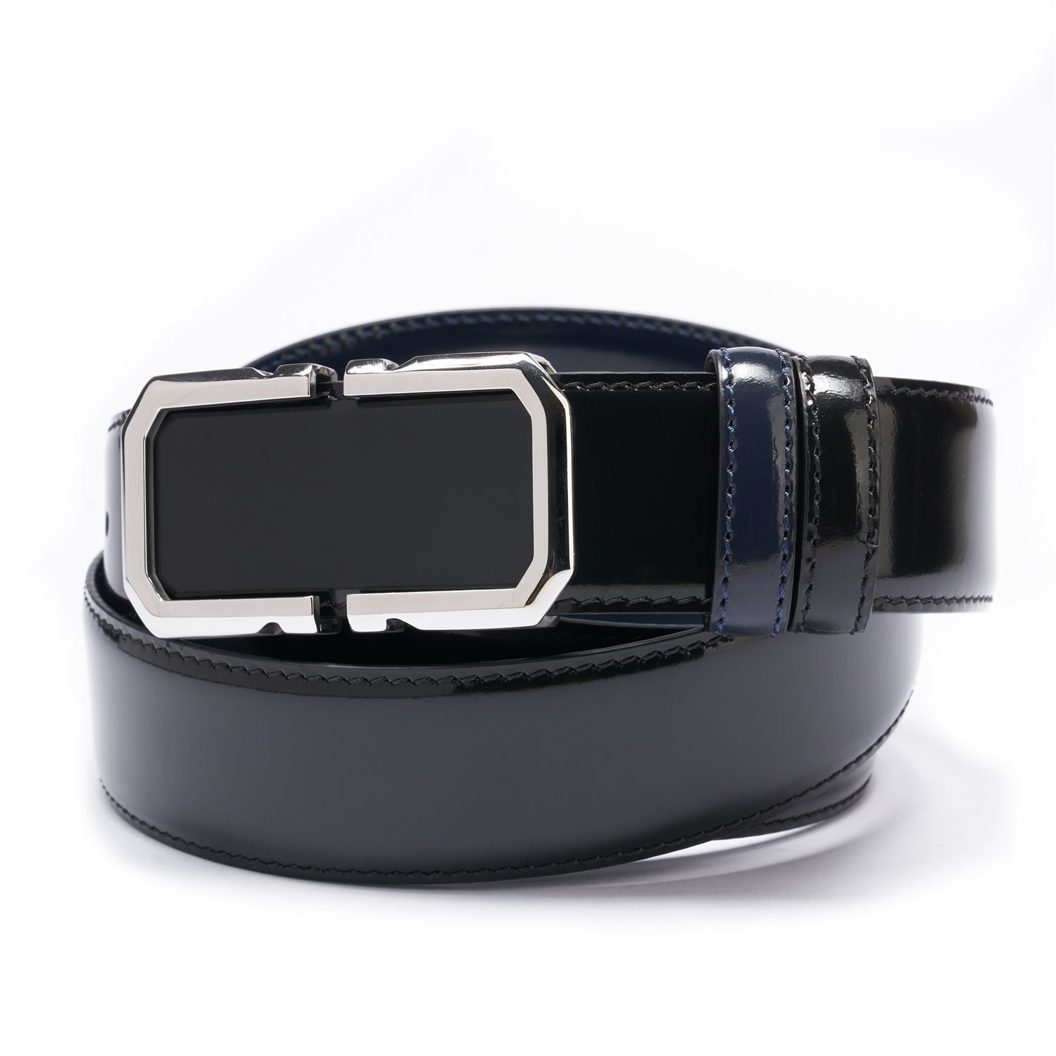 BELTLEY Luminous Black Leather Belt With Plate Buckle - 1.38" Width