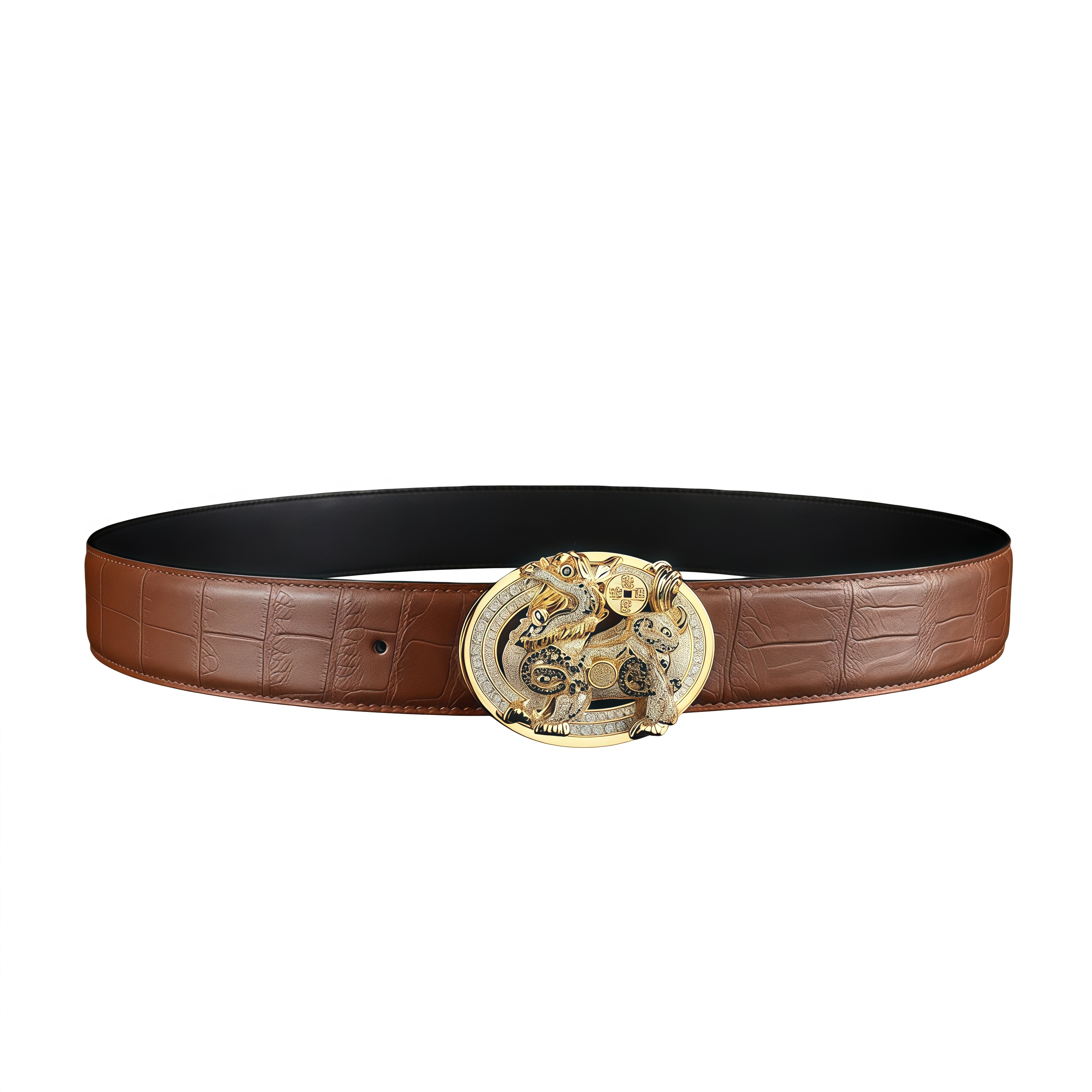 BELTLEY Luxury Crocodile Leather Belt With Gold Qilin Buckle