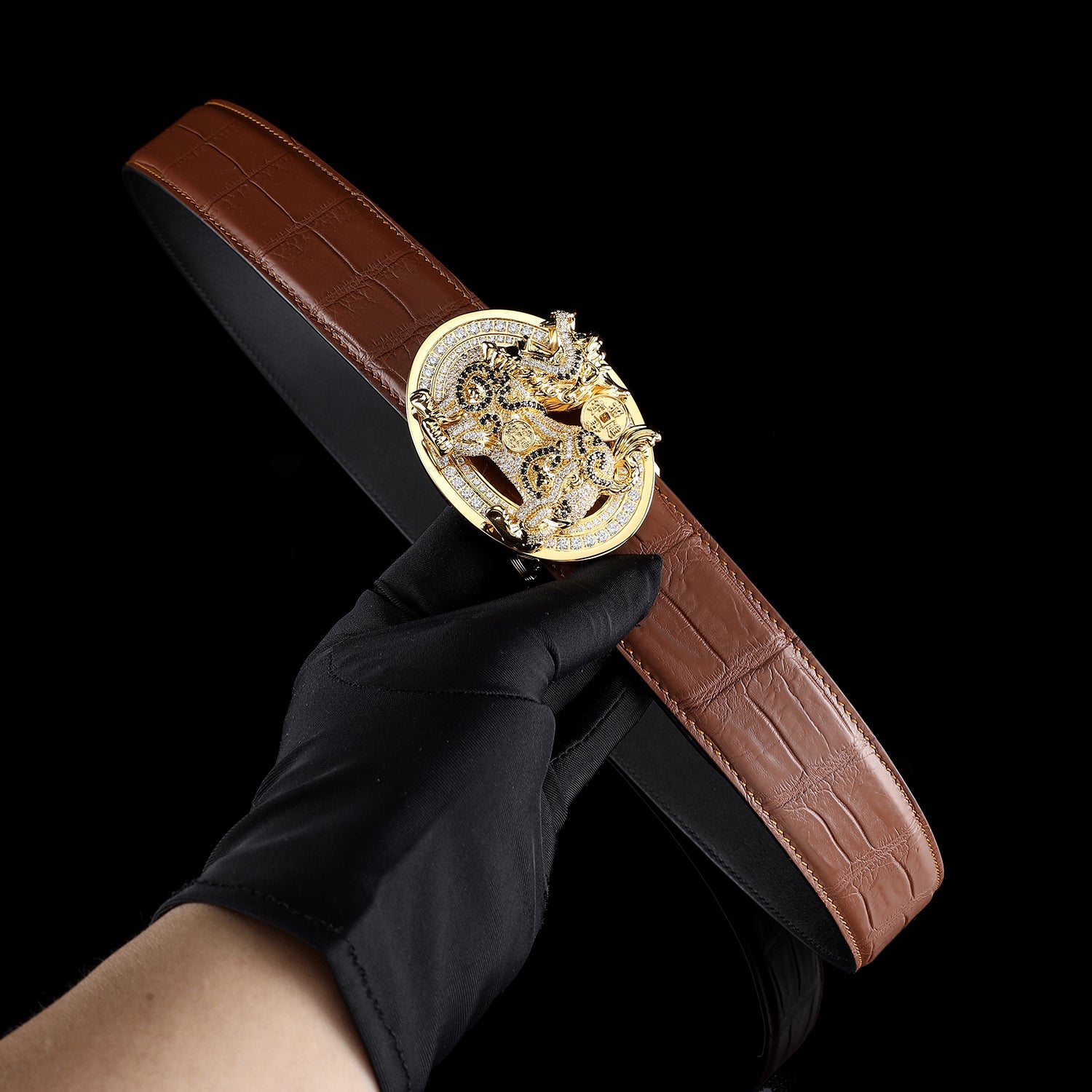 BELTLEY Luxury Crocodile Leather Belt With Gold Qilin Buckle