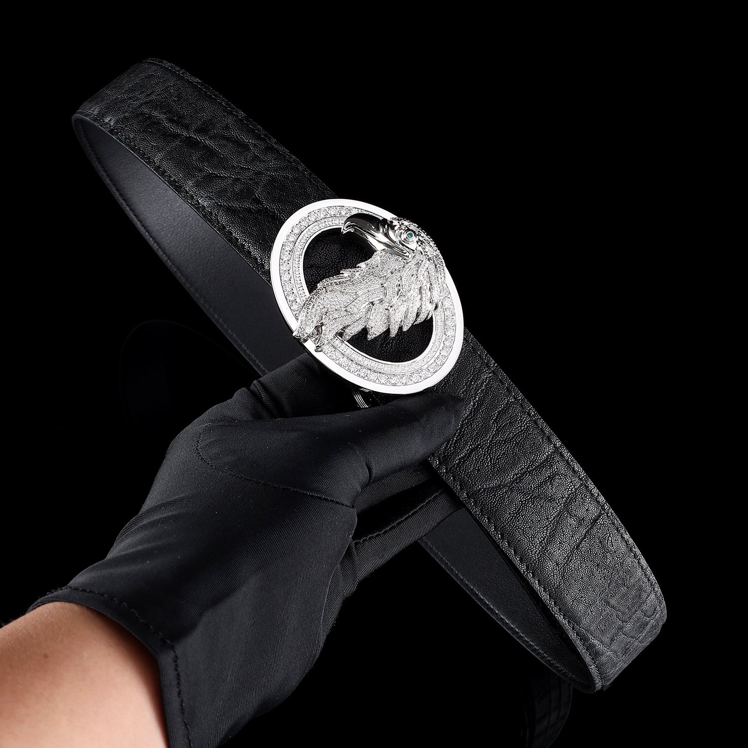 BELTLEY Luxury Black Elephant hide belt with 3d Silver Eagle Buckle - 1.5 Inches