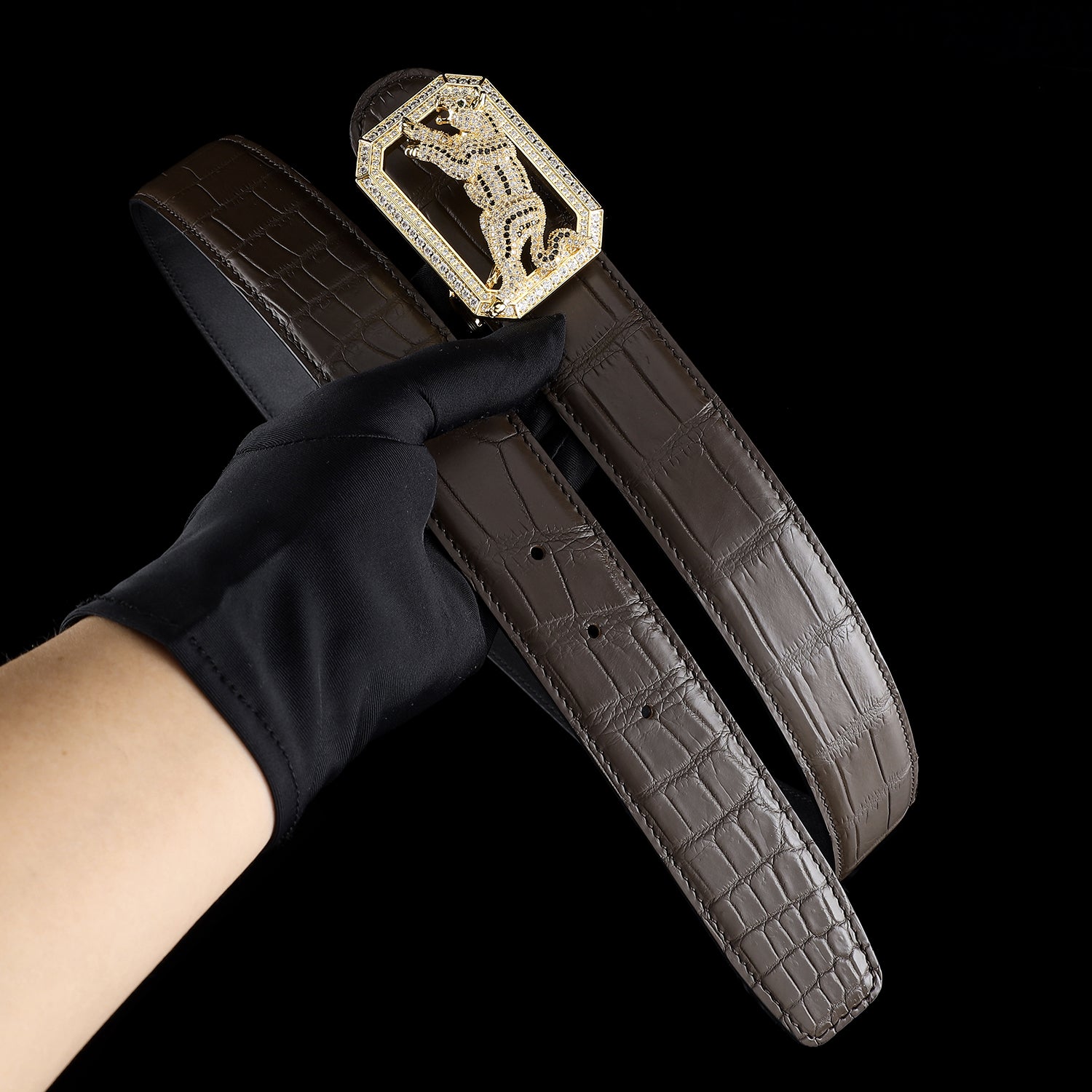 BELTLEY Luxury Espresso Crocodile Belt with Unique Dog Buckle