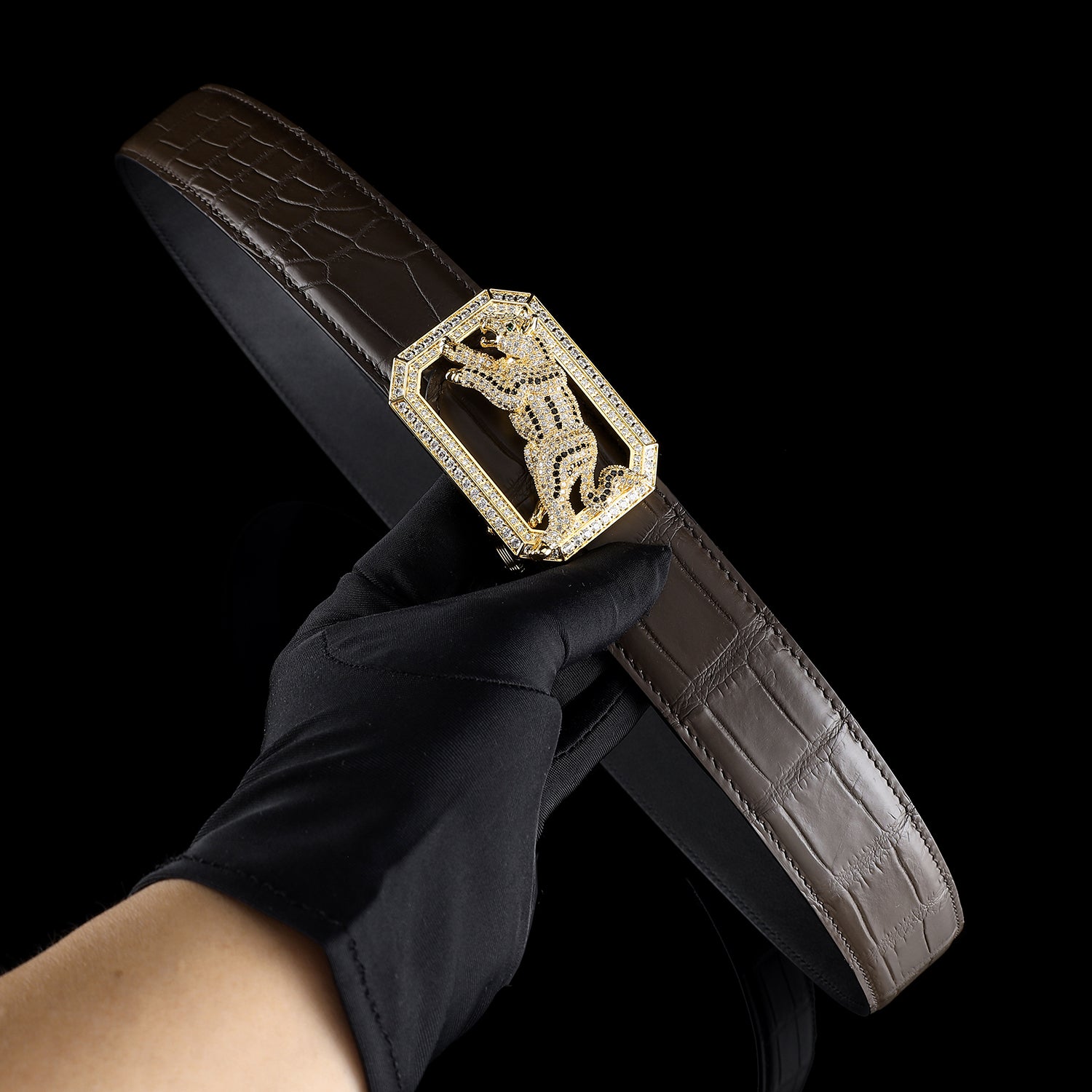 BELTLEY Luxury Espresso Crocodile Belt with Unique Dog Buckle