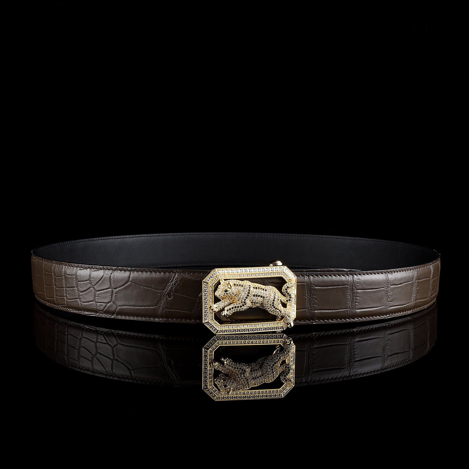 BELTLEY Luxury Espresso Crocodile Belt with Unique Dog Buckle
