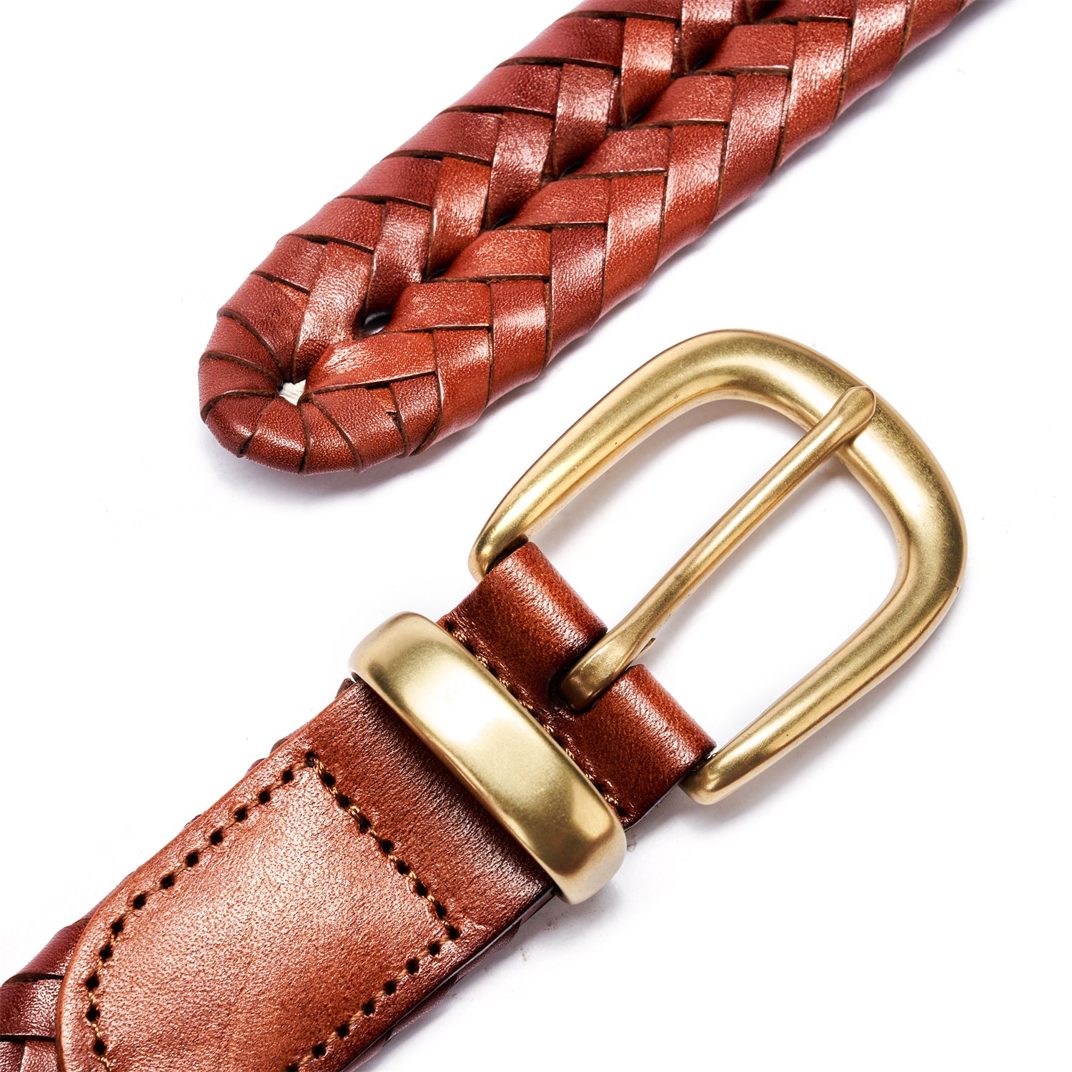 BELTLEY Mahogany Exquisite Braided Full Grain Leather Belt - Unisex-1.15 inches